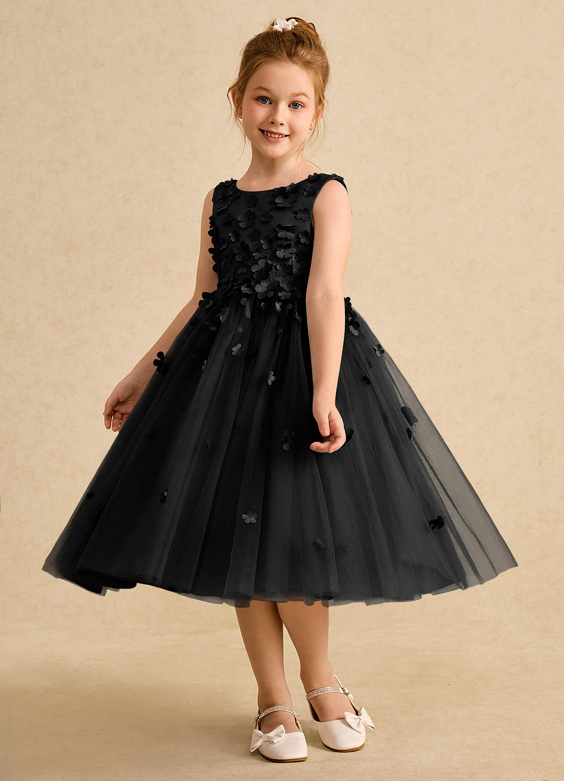 Azazie Lana Vestidos de florista Vestido Preto de Cetim fosco de Linha A com Sem mangas image2