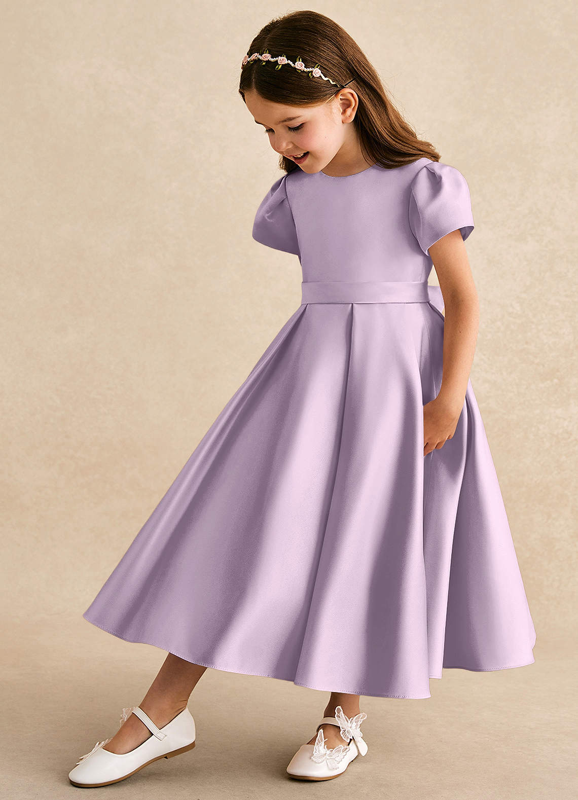 Azazie Princess Flower Girl Dresses Frosted Lilac A-Line Pleated Matte Satin Dress image1