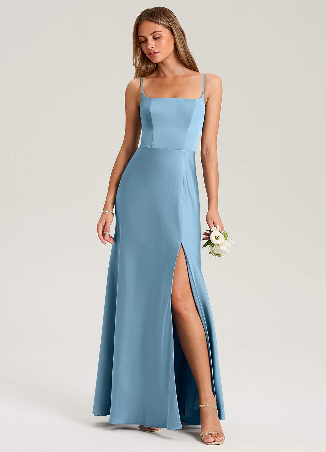 Azazie Lidia Bridesmaid Dresses Steel Blue Mermaid Side Slit Stretch Satin Dress image1