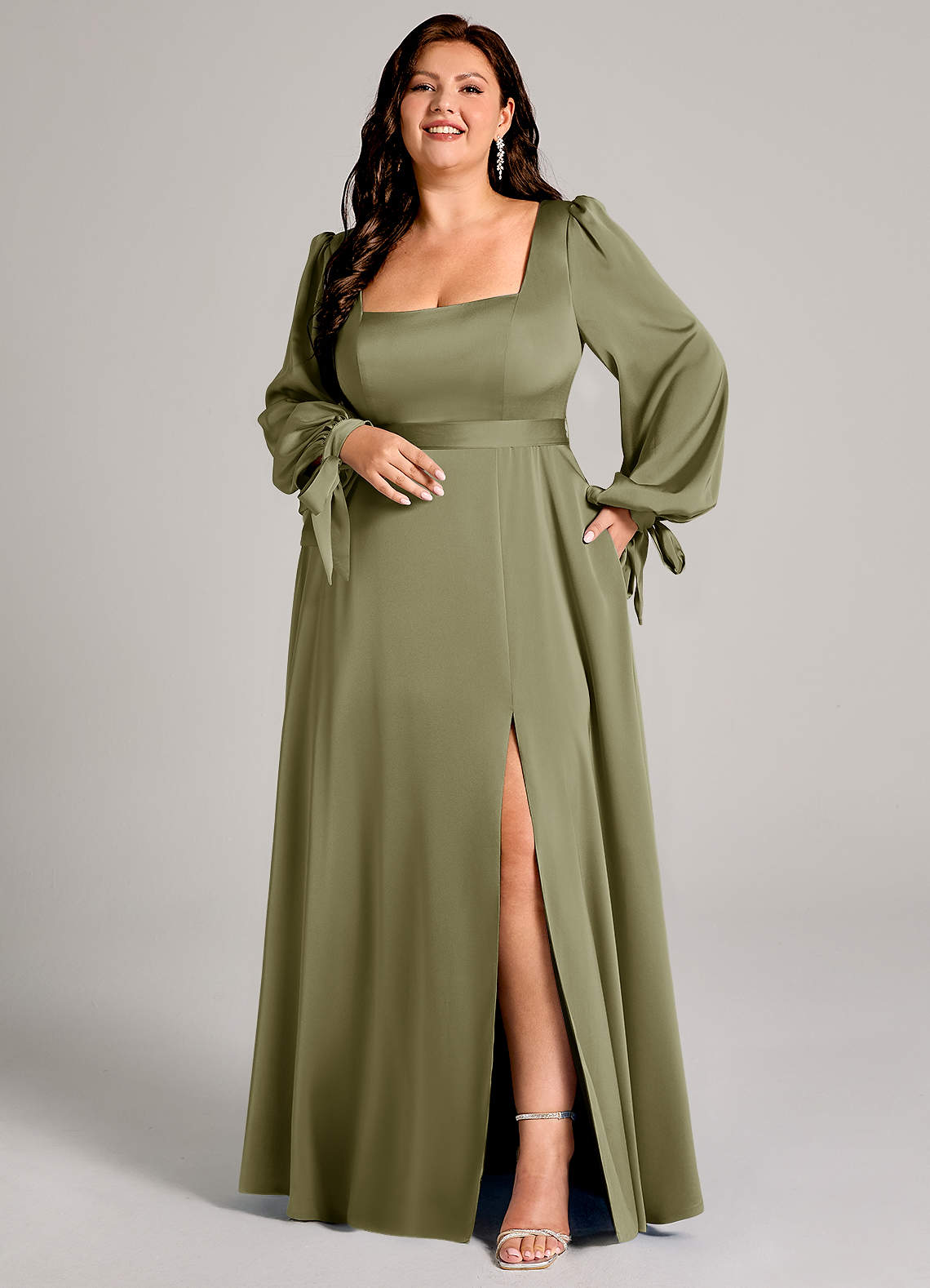 Azazie Leonia Bridesmaid Dresses Pistachio A-Line Long Sleeve Stretch Satin Dress image1