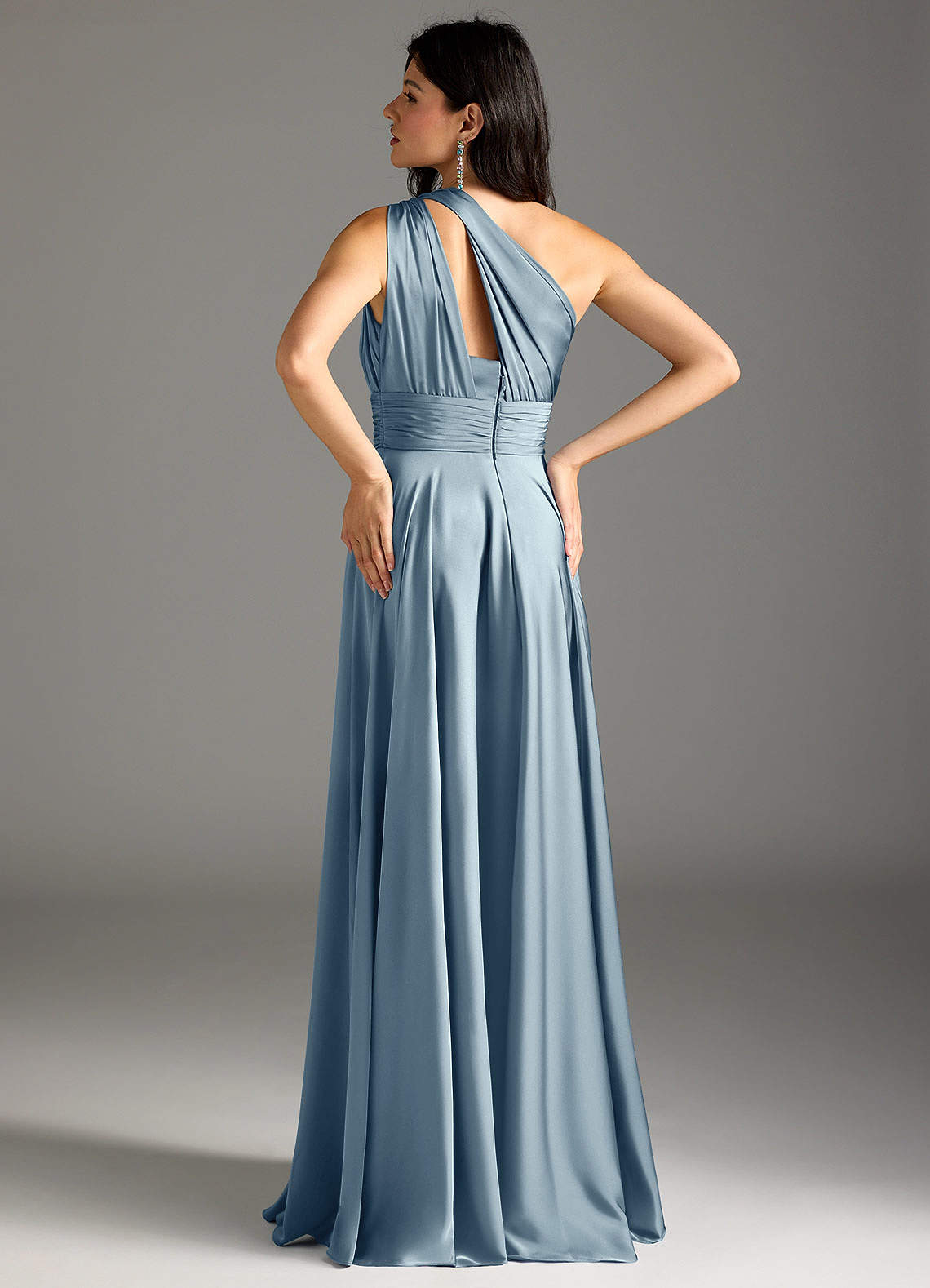 Azazie Charlize Bridesmaid Dresses Dusty Blue A-Line One Shoulder Stretch Satin Dress image5