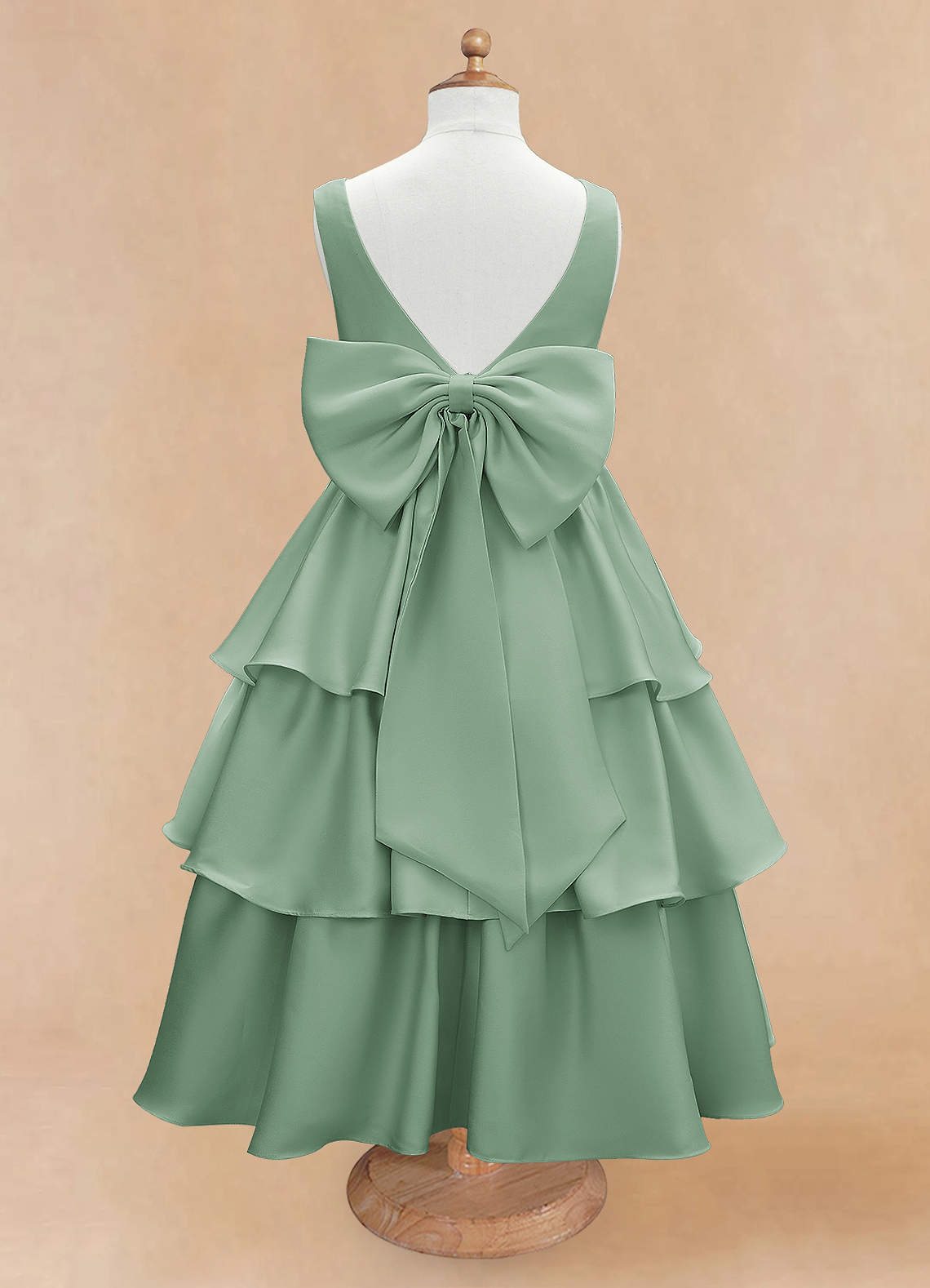 Azazie Margie Flower Girl Dresses Agave A-Line Bow Stretch Satin Dress image3