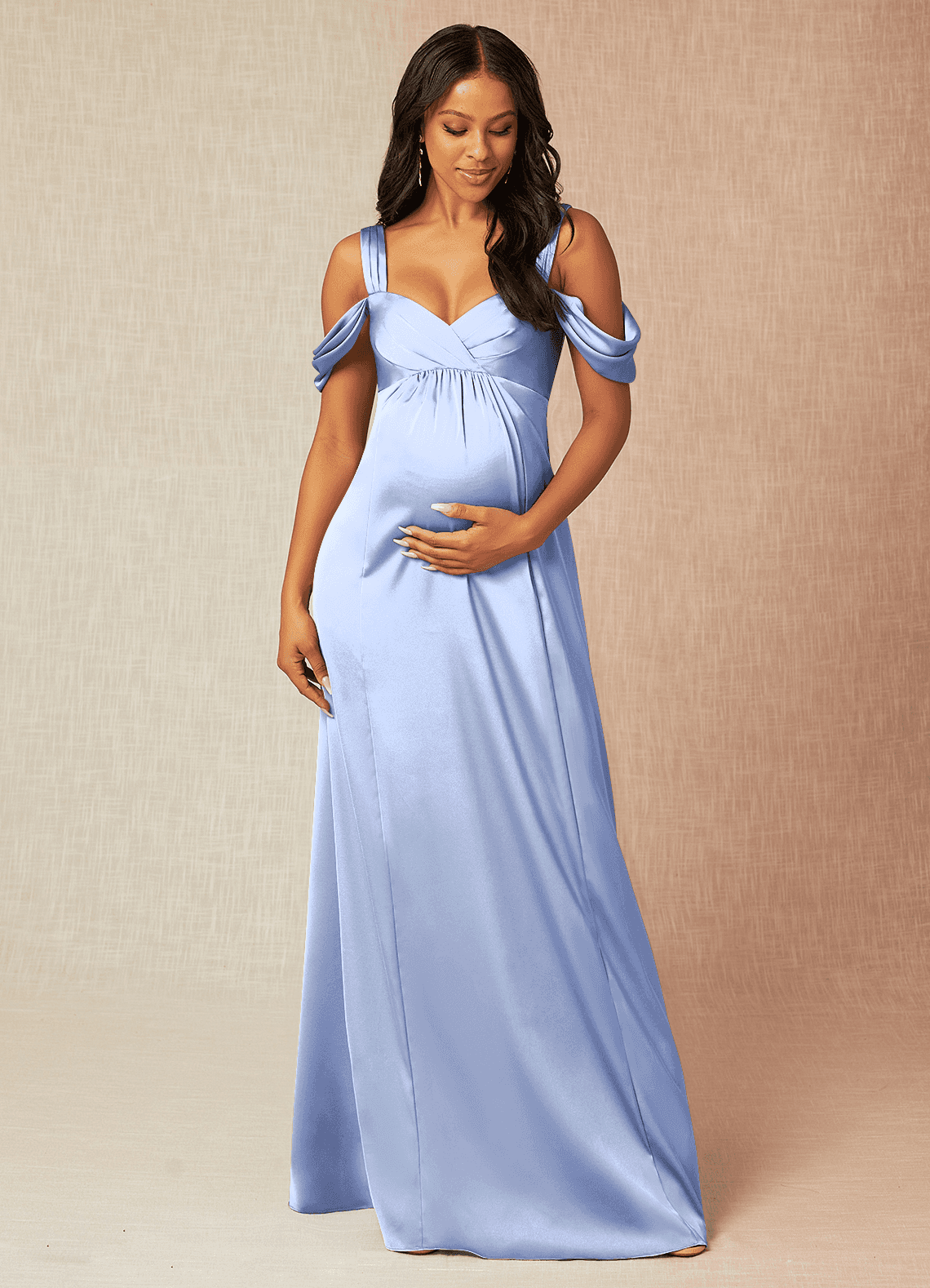 Azazie Rhea Brautjungfernkleider für Schwangere A-Linie Schulternfrei Gefaltet Stretch-Satin Bodenlänge Kleid image1