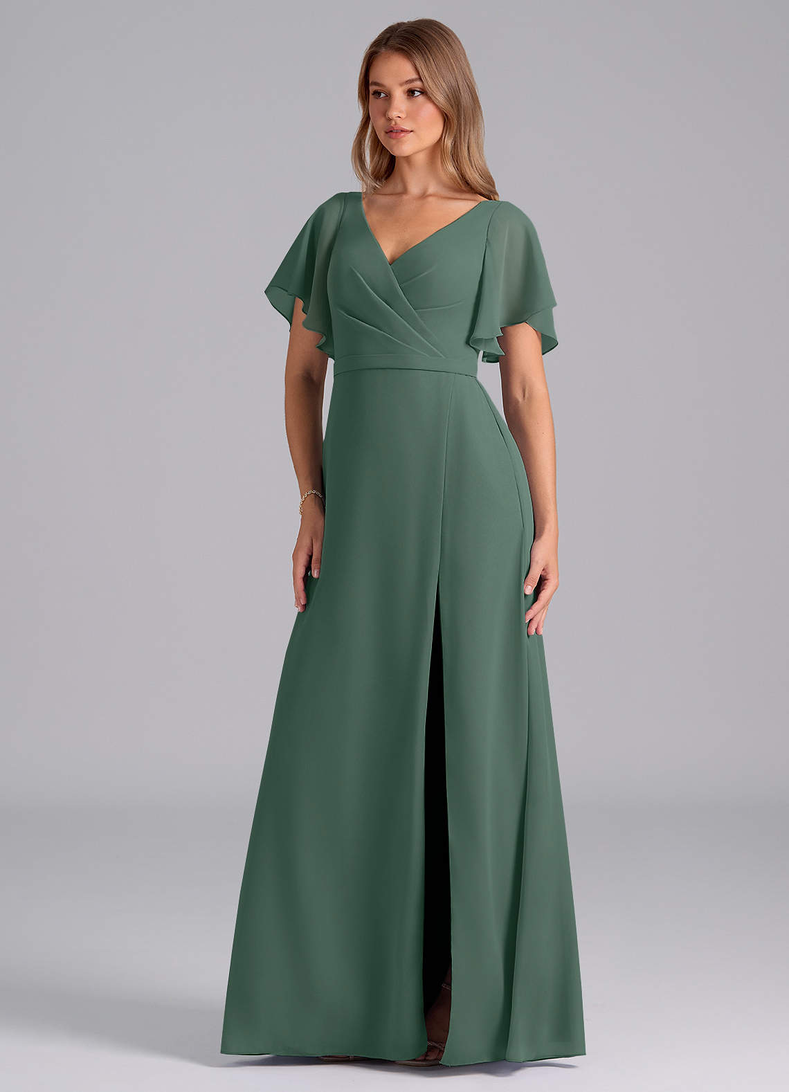 Azazie Ambrosia Bridesmaid Dresses Sea Moss A-Line Pleated Chiffon Dress image1