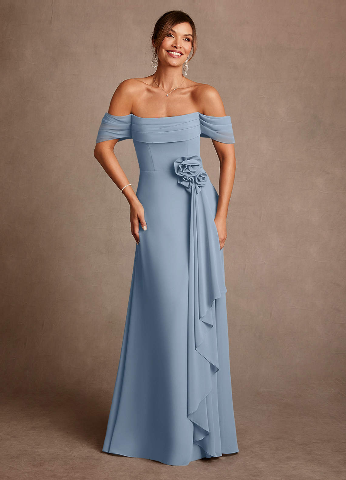 Azazie Amherst Abiti per la Madre della Sposa Abito A-Line in Chiffon a Spalla Scoperta Blu Polveroso image1