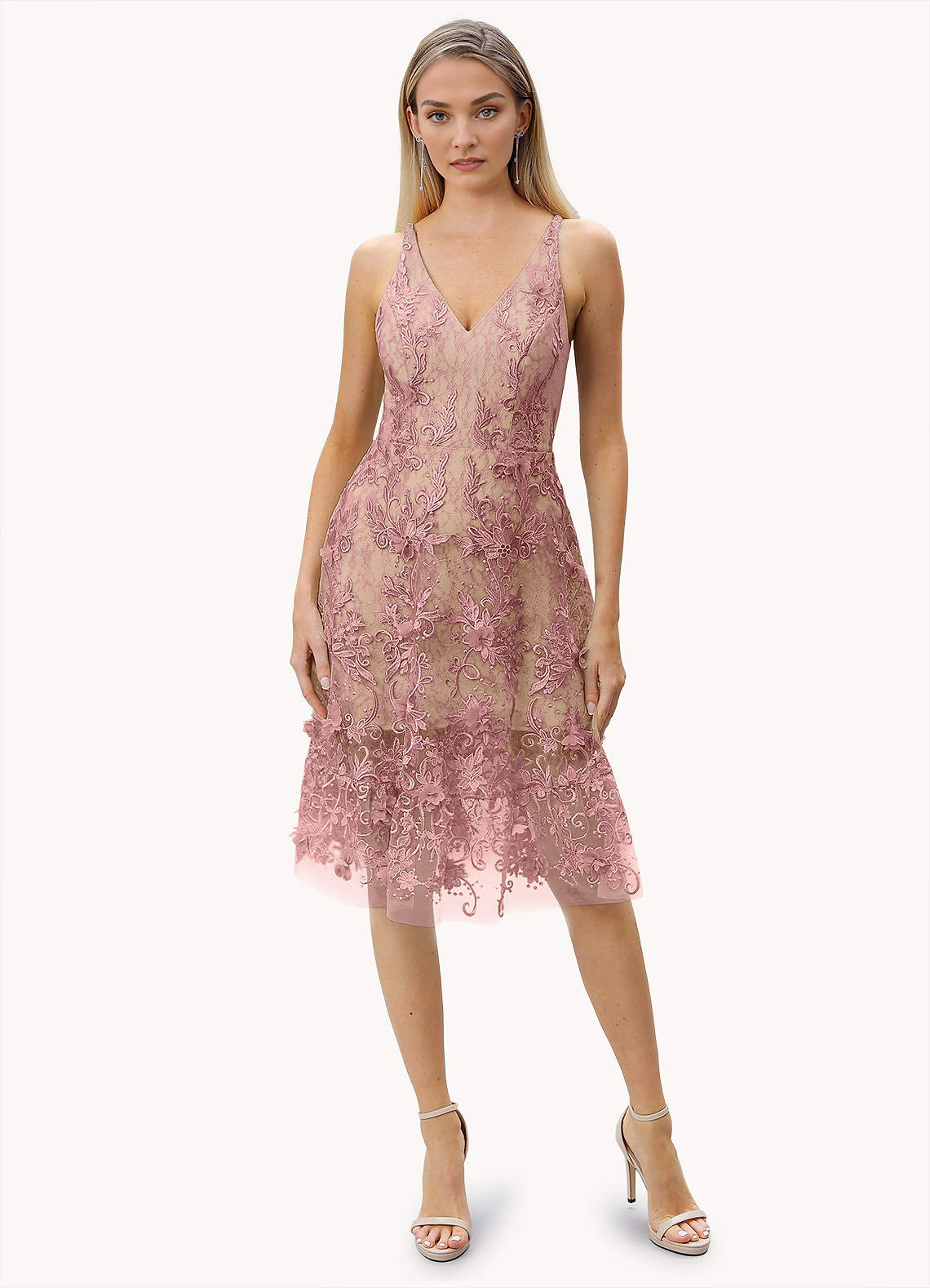 Chris Light Pink Lace 3D Flowers Midi Dress Ready to Ship