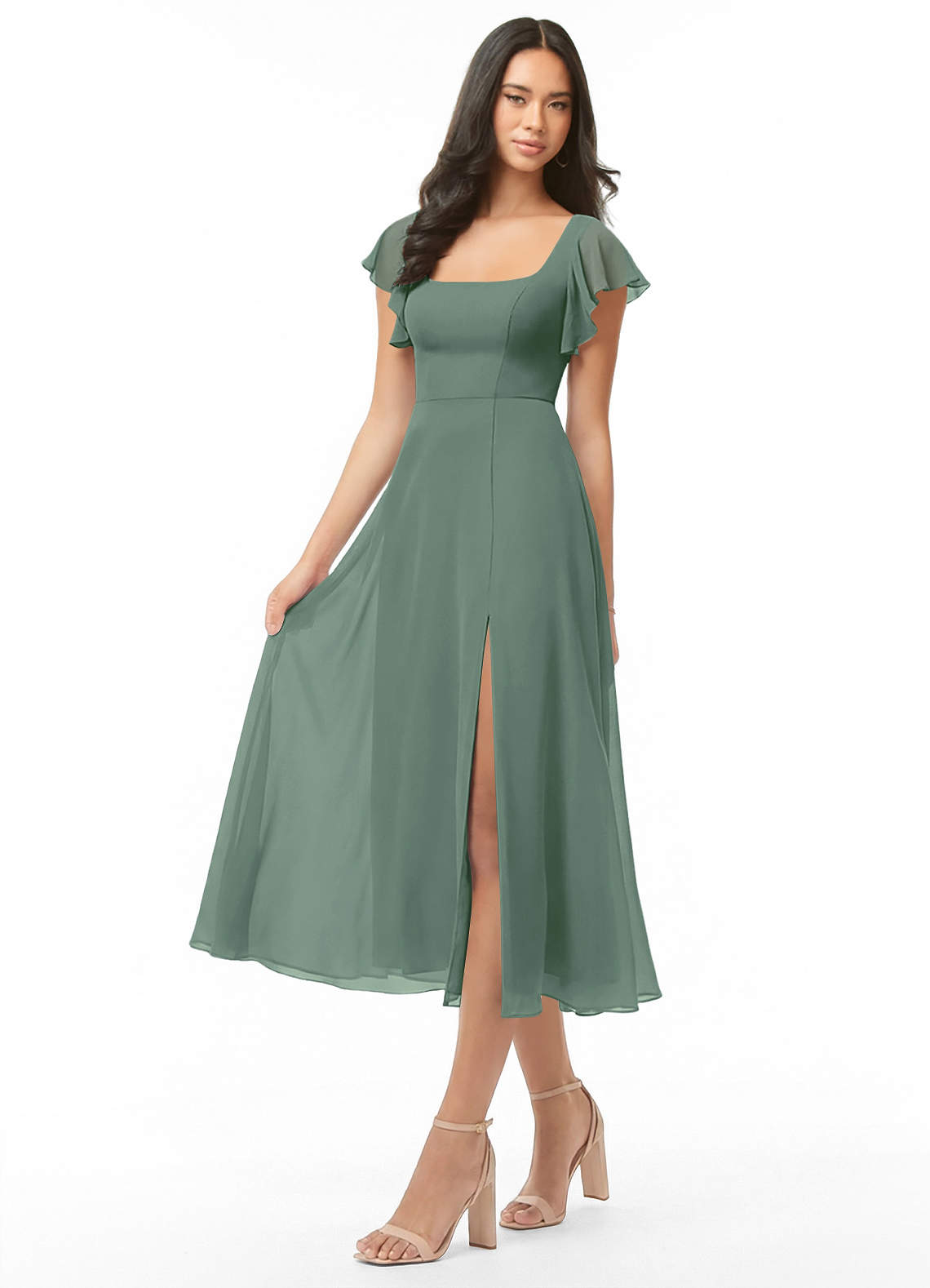 Azazie Bondi Bridesmaid Dresses Eucalyptus A-Line Ruched Chiffon Dress image2