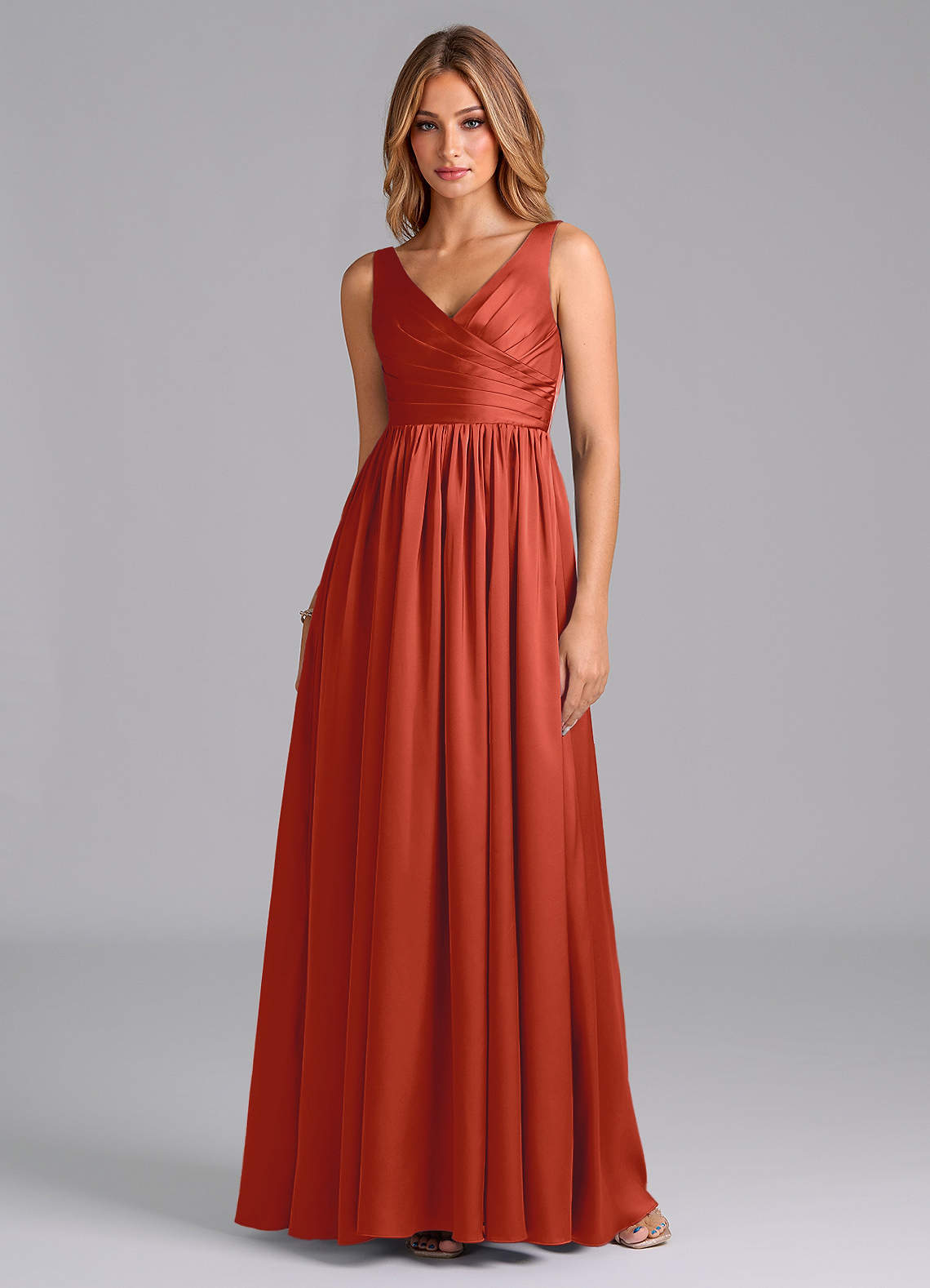 Azazie Keyla Bridesmaid Dresses Rust A-Line Pleated Stretch Satin Dress image1