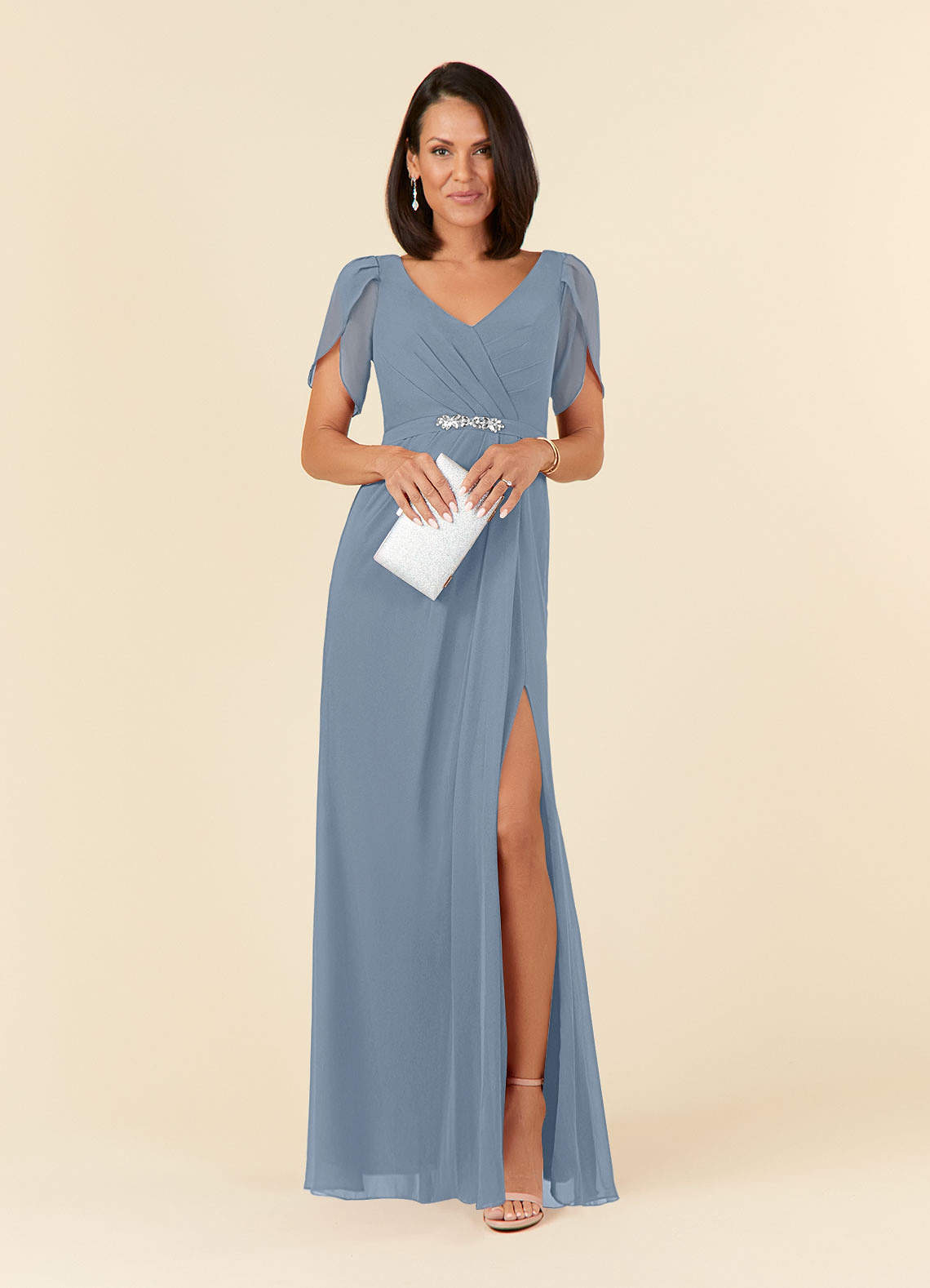 Azazie Marianne Mother of the Bride Dresses Dusty Blue Sheath V-Neck Pleated Chiffon Dress image3