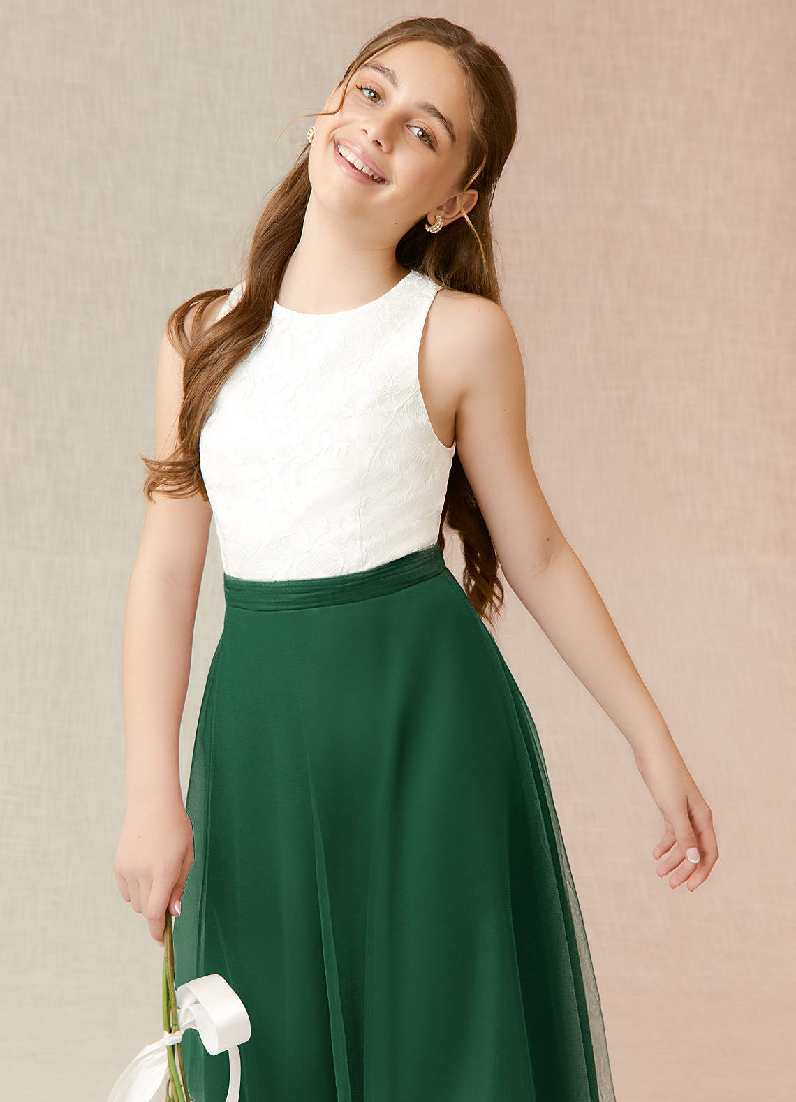 Azazie Albertine Junior Dark Green A-Line Lace Chiffon Dress image4