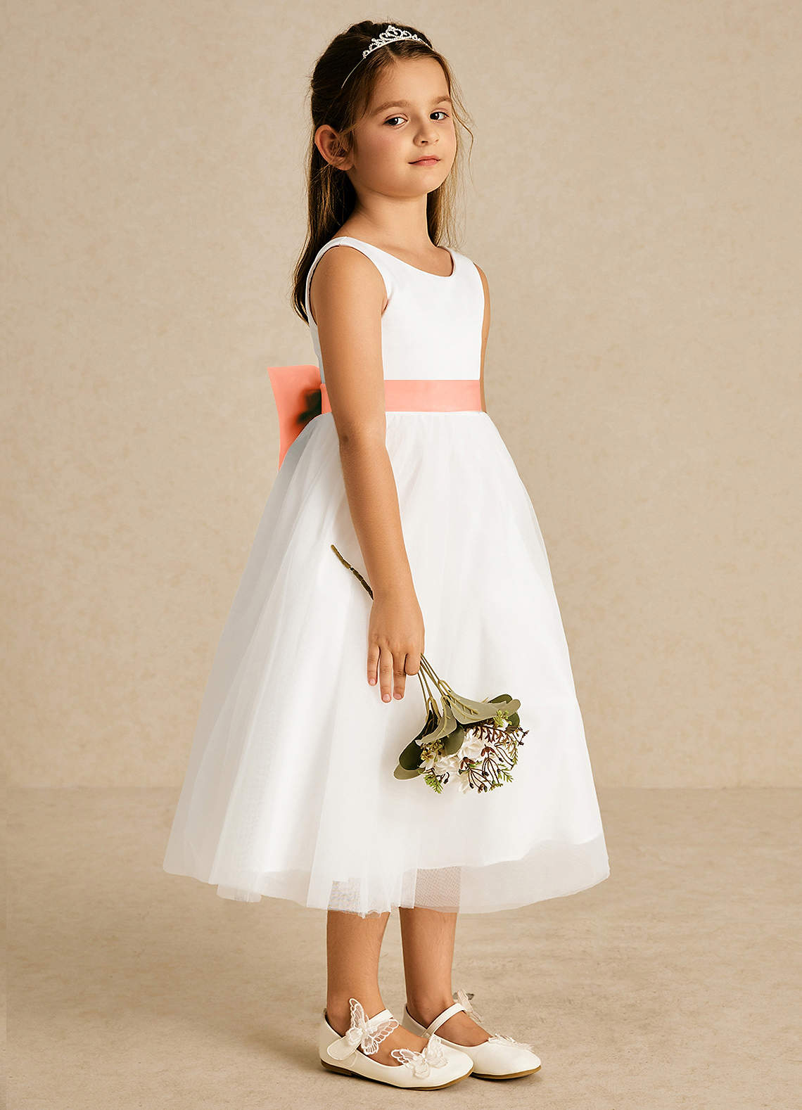 Azazie Kavi Flower Girl Dresses Ivory Sunset A-Line Bow Matte Satin Dress image3