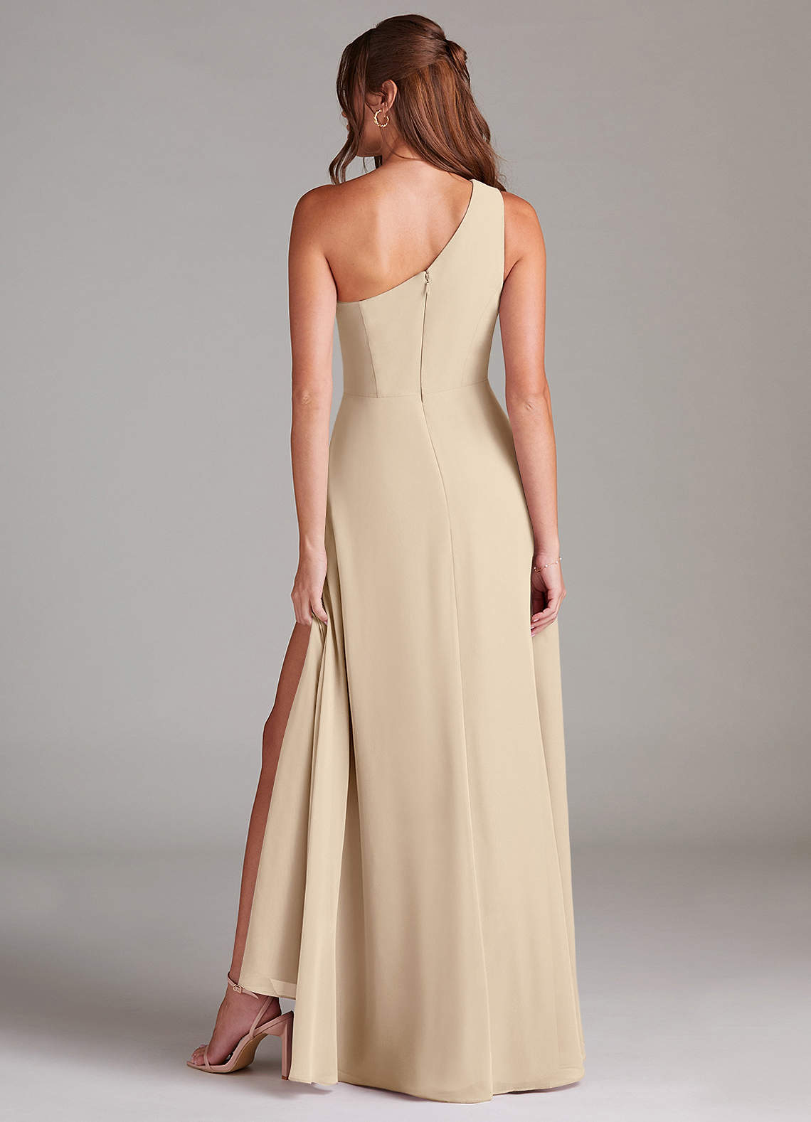 Azazie Brooke Bridesmaid Dresses Champagne A-Line One Shoulder Chiffon Dress image6