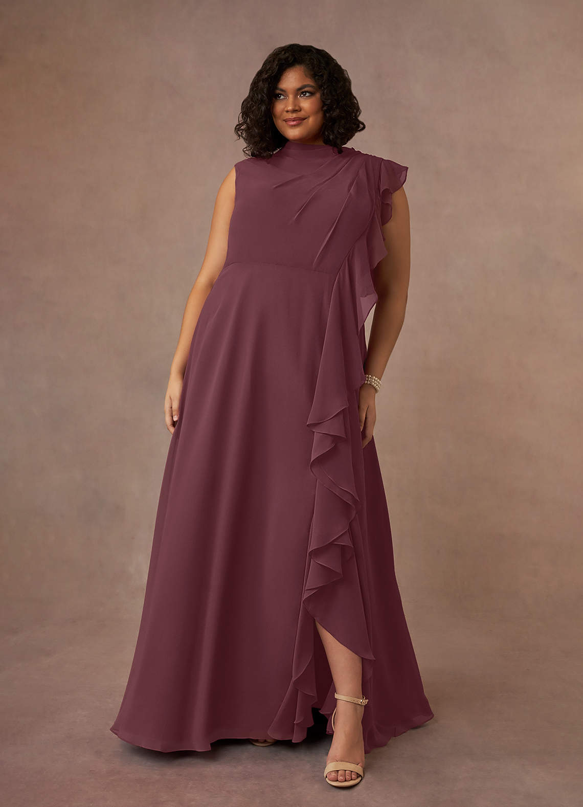 Azazie Narine Abiti per la Madre della Sposa Abito A-Line in Chiffon con Scollo Alto a Pieghe Sangria image1