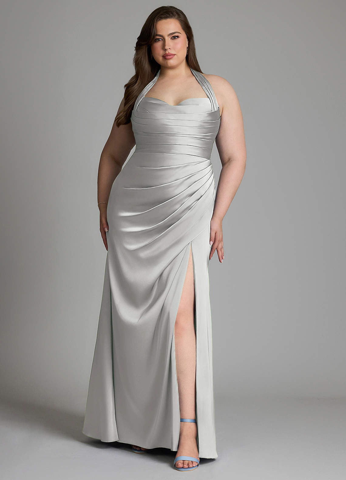 Azazie Destiny Bridesmaid Dresses Silver Mermaid Sweetheart Neckline Stretch Satin Dress image7