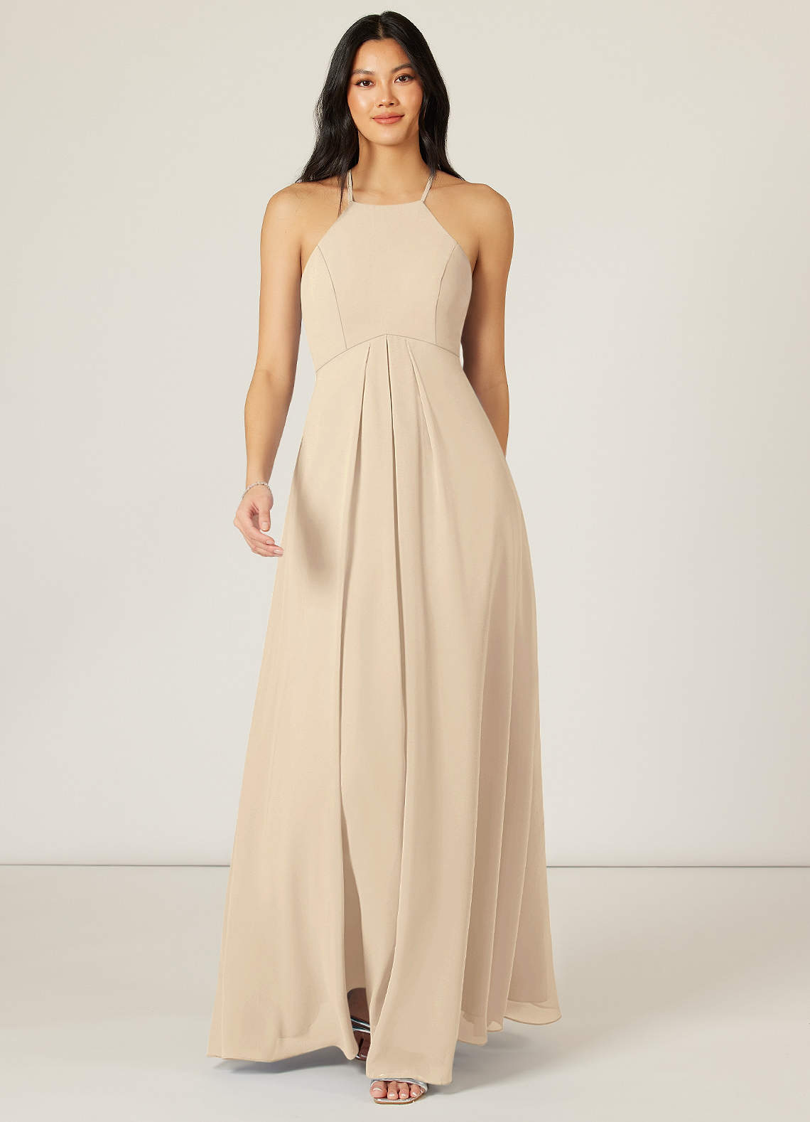 Azazie Sarah Bridesmaid Dresses Champagne Empire Pleated Chiffon Dress image1