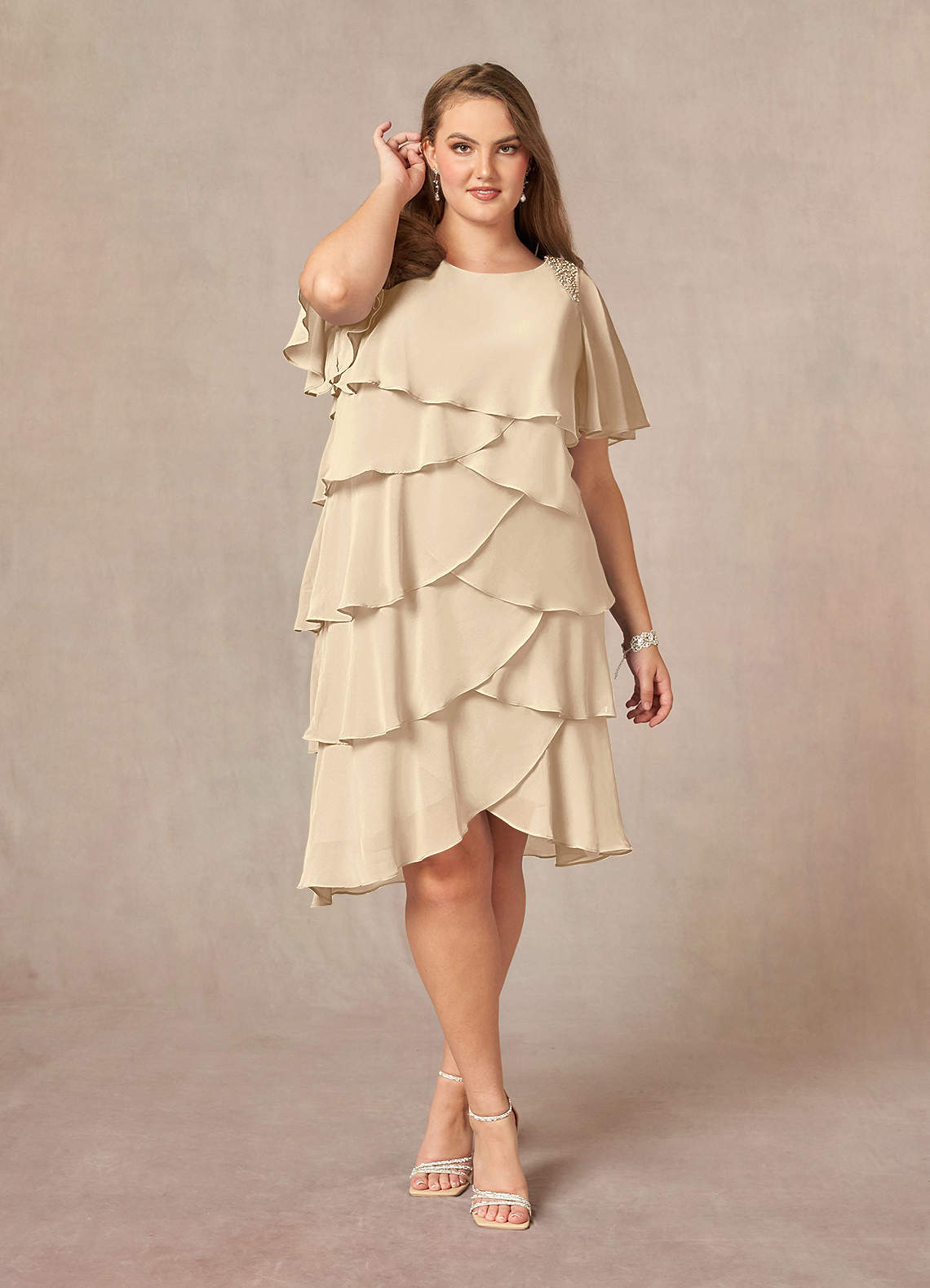 A-Line Bowknot Scoop Beaded Dress With Pockets Gold