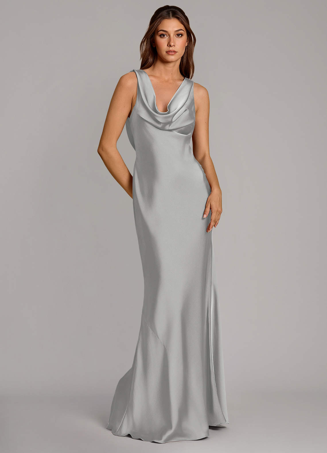 Azazie Cheryl Vestidos de madrinha de casamento Vestido Prata de Cetim elástico de sereia image4