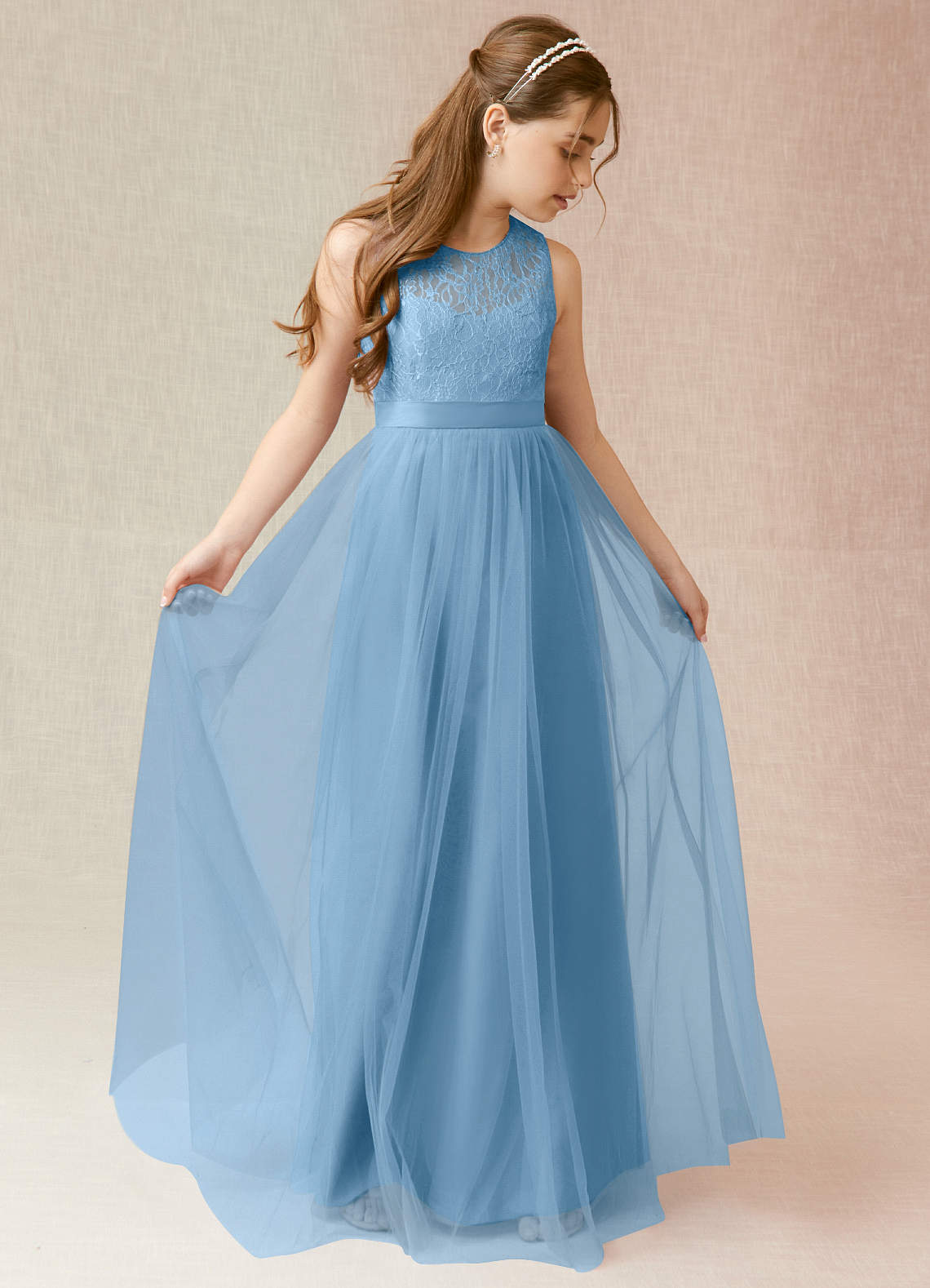 Azazie Georgette Junior Steel Blue A-Line Lace Tulle Dress image1