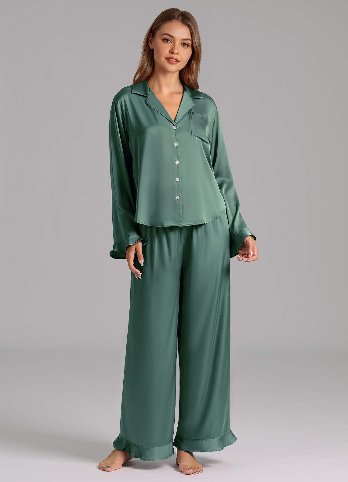 front Matching Color Ruffled Satin Long Sleeve Pajama Set