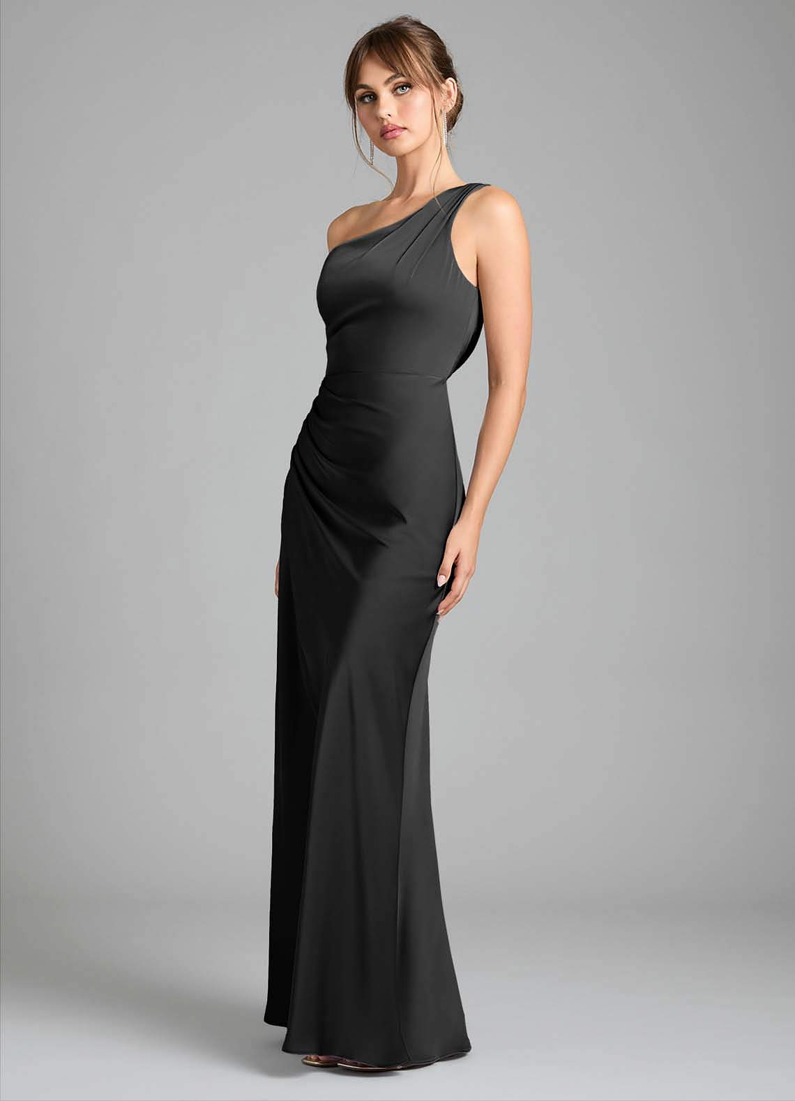 Azazie Madelyn Bridesmaid Dresses Black Mermaid One Shoulder Stretch Satin Convertible Dress image5