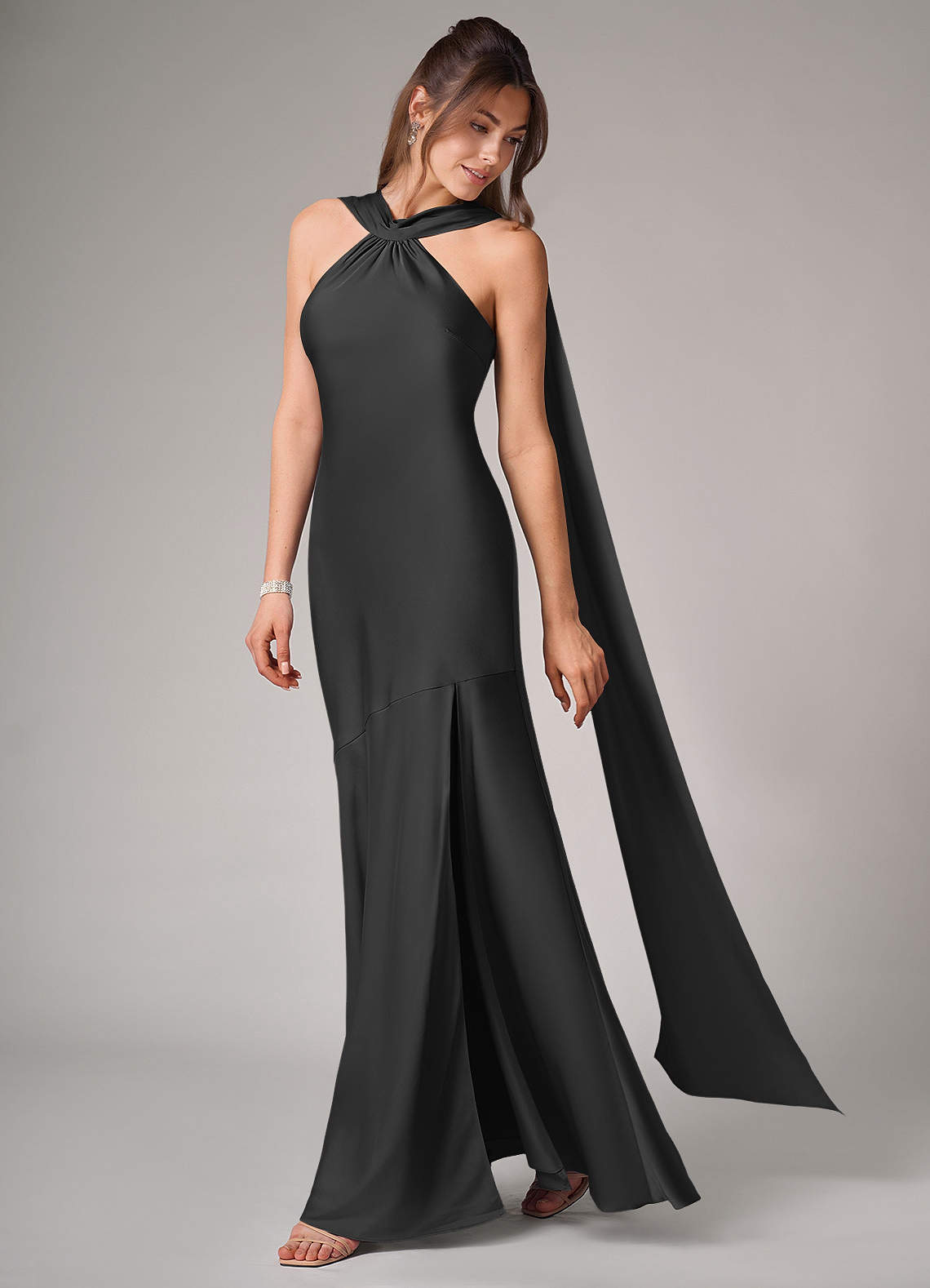 Azazie Kinsley Bridesmaid Dresses Black Mermaid Side Slit Stretch Satin Dress image3