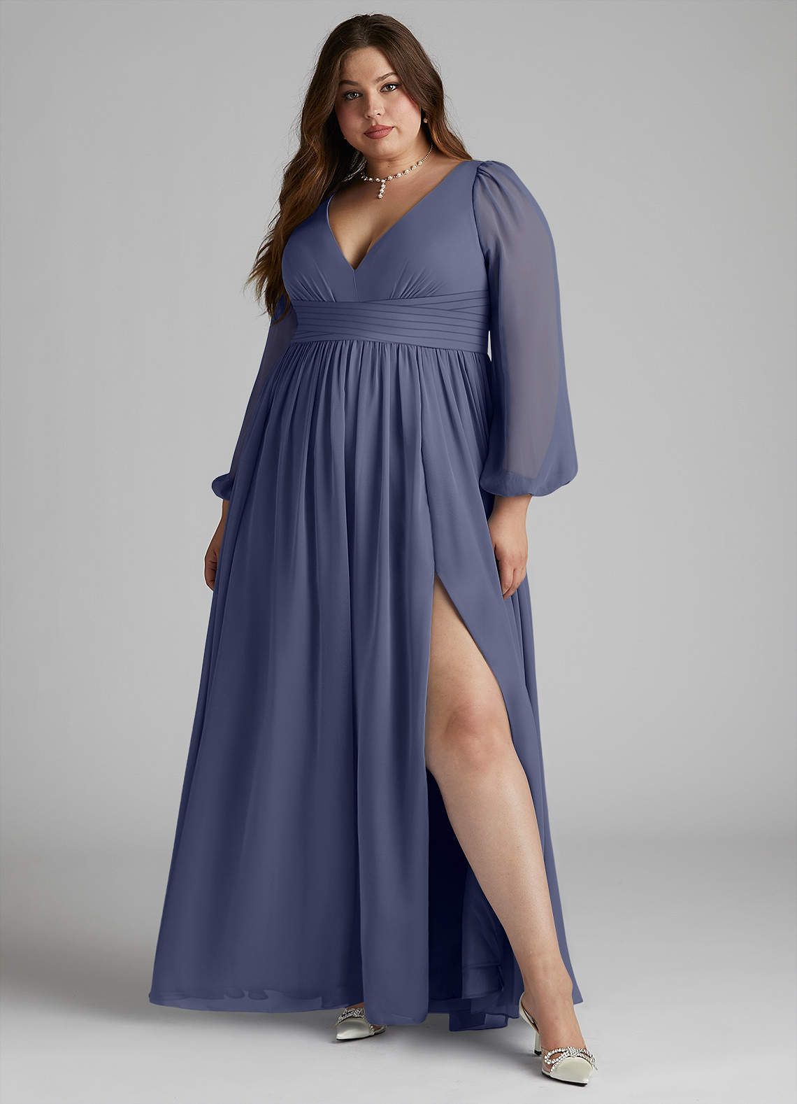 Azazie Norah Bridesmaid Dresses Stormy A-Line V-Neck Long Sleeve Chiffon Dress image5