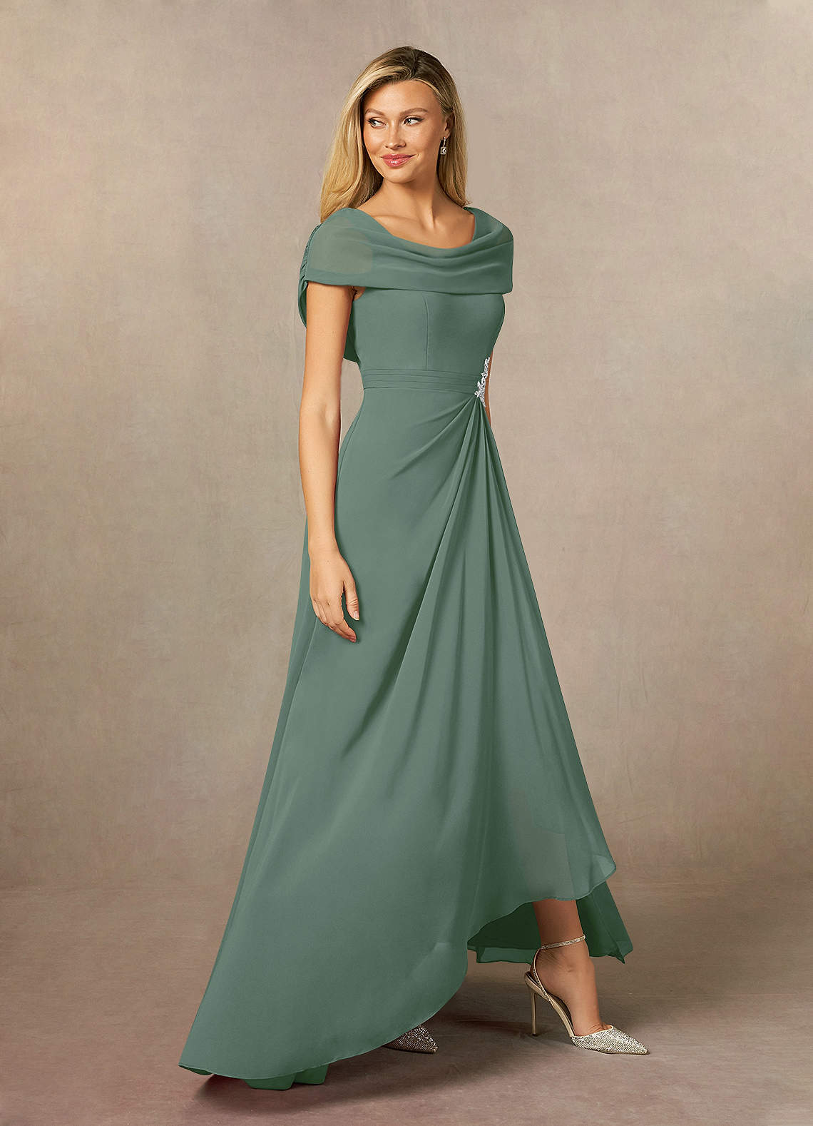 Azazie Mary Mother of the Bride Dresses Eucalyptus A-Line Side Slit Chiffon Dress image3