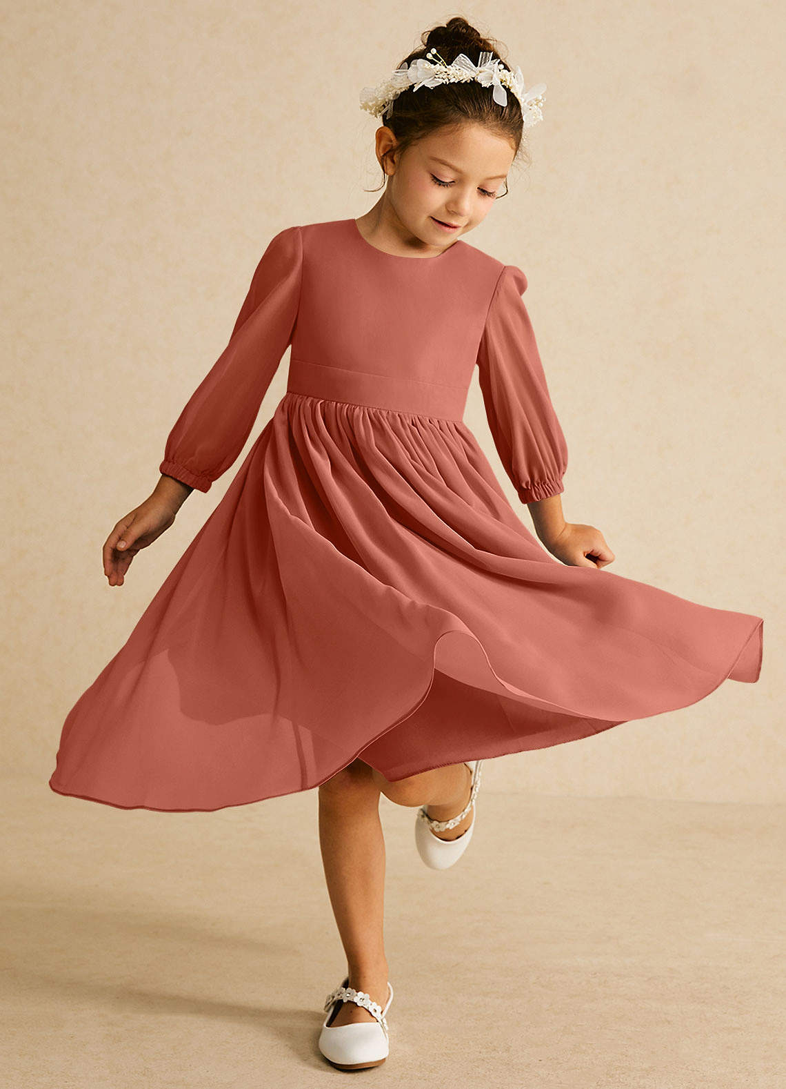 Azazie Lolo Flower Girl Dresses Clay A-Line with Sleeves Chiffon Dress image1
