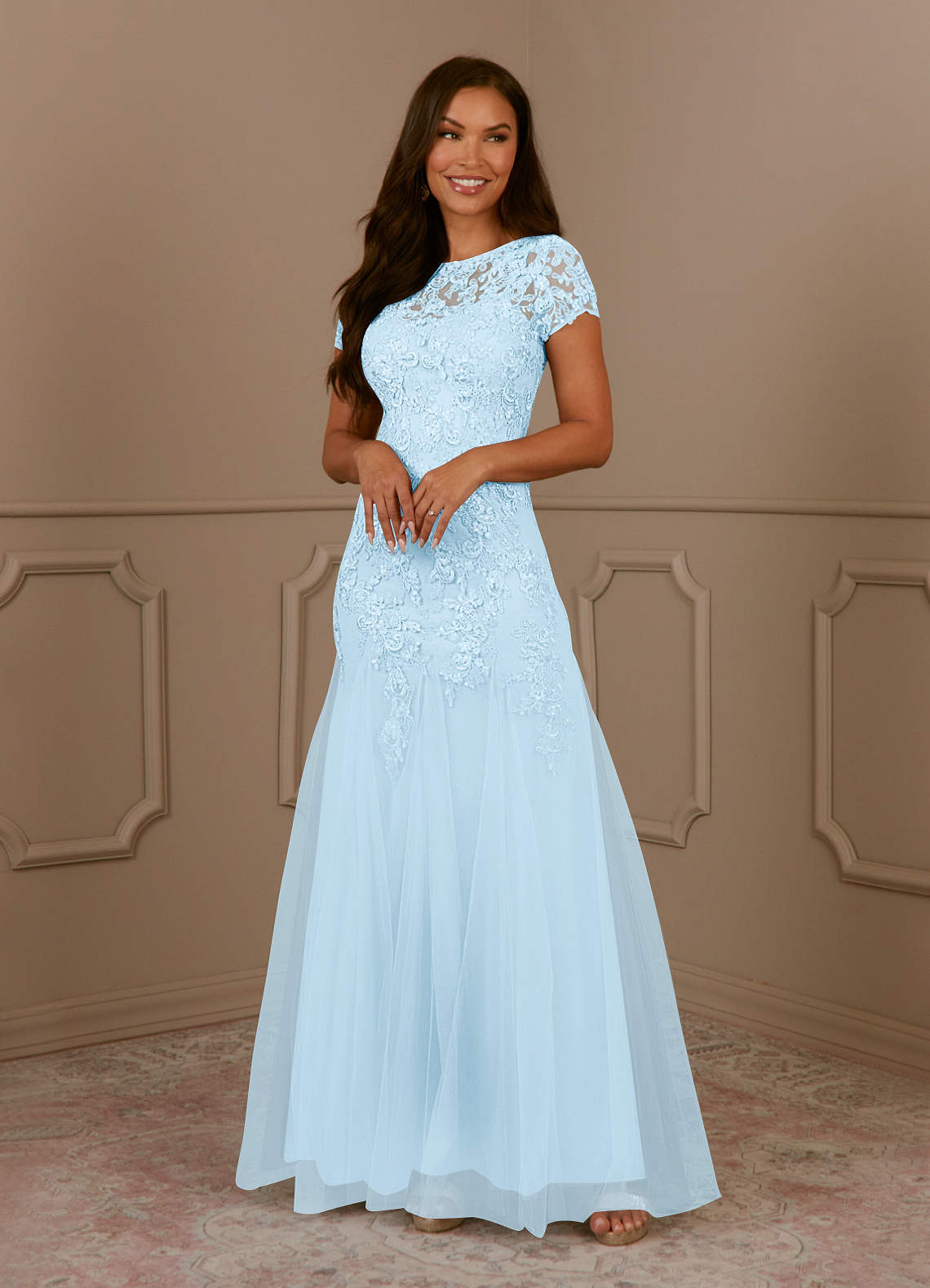 Sky Blue Azazie Laurie Mermaid Scoop Sequins Tulle Floor Length Dress