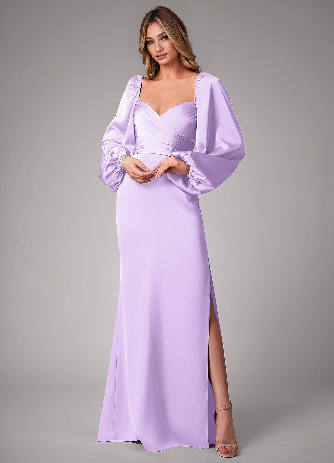 Azazie Sonata Bridesmaid Dresses Lilac Sheath Long Sleeve Stretch Satin Convertible Dress image1