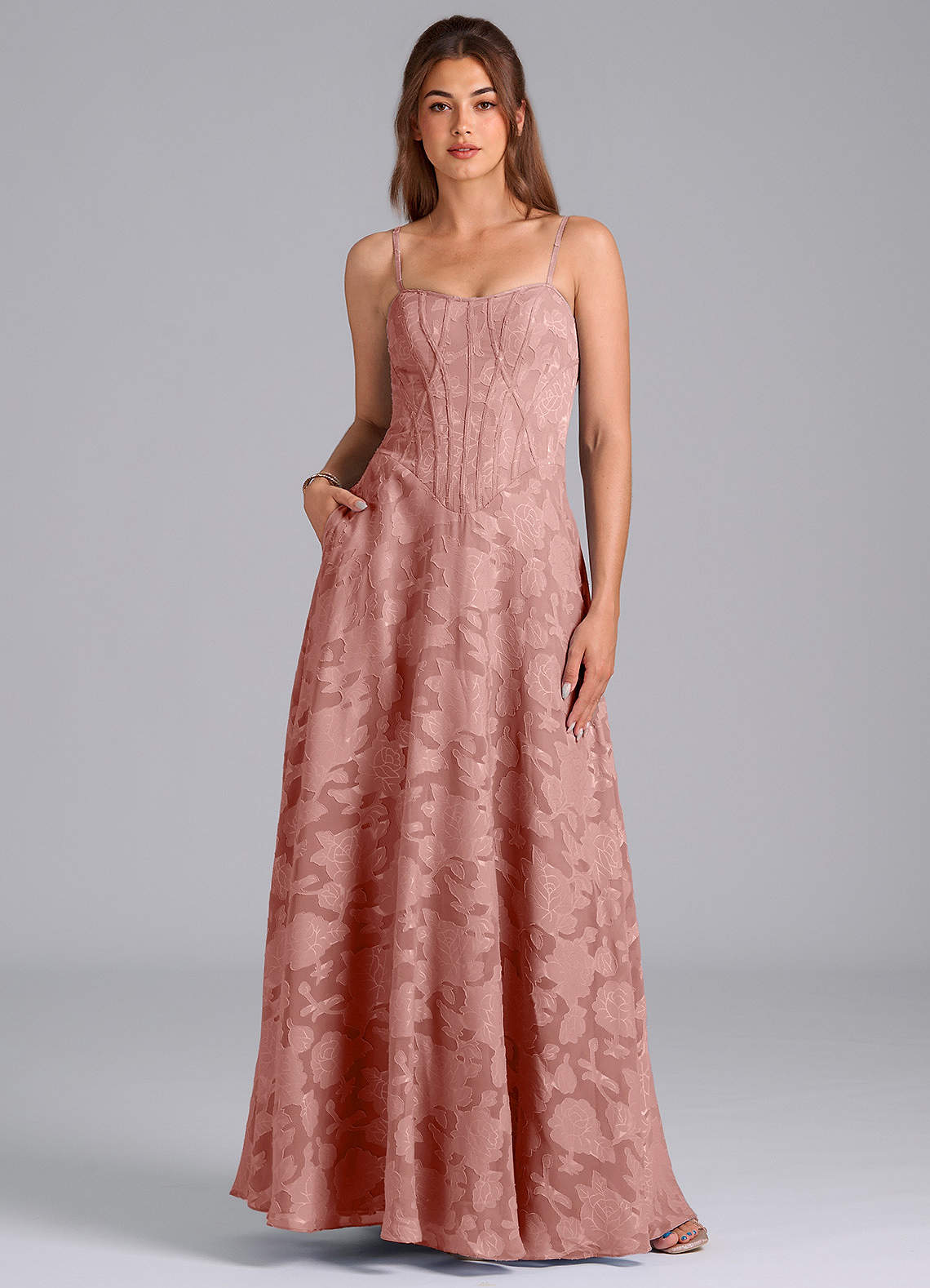 Azazie Stasy Bridesmaid Dresses Rosette A-Line Sweetheart Neckline Floral Burnout Dress image1