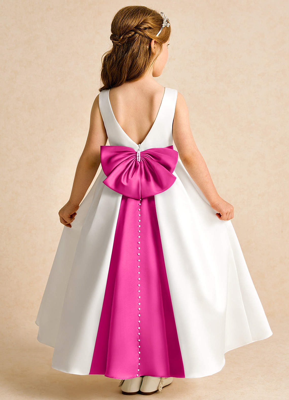 Azazie Cherry vestidos de niña de las flores Vestido de Marfil Fucsia de Satin Mate de Princesa con Plisado image1