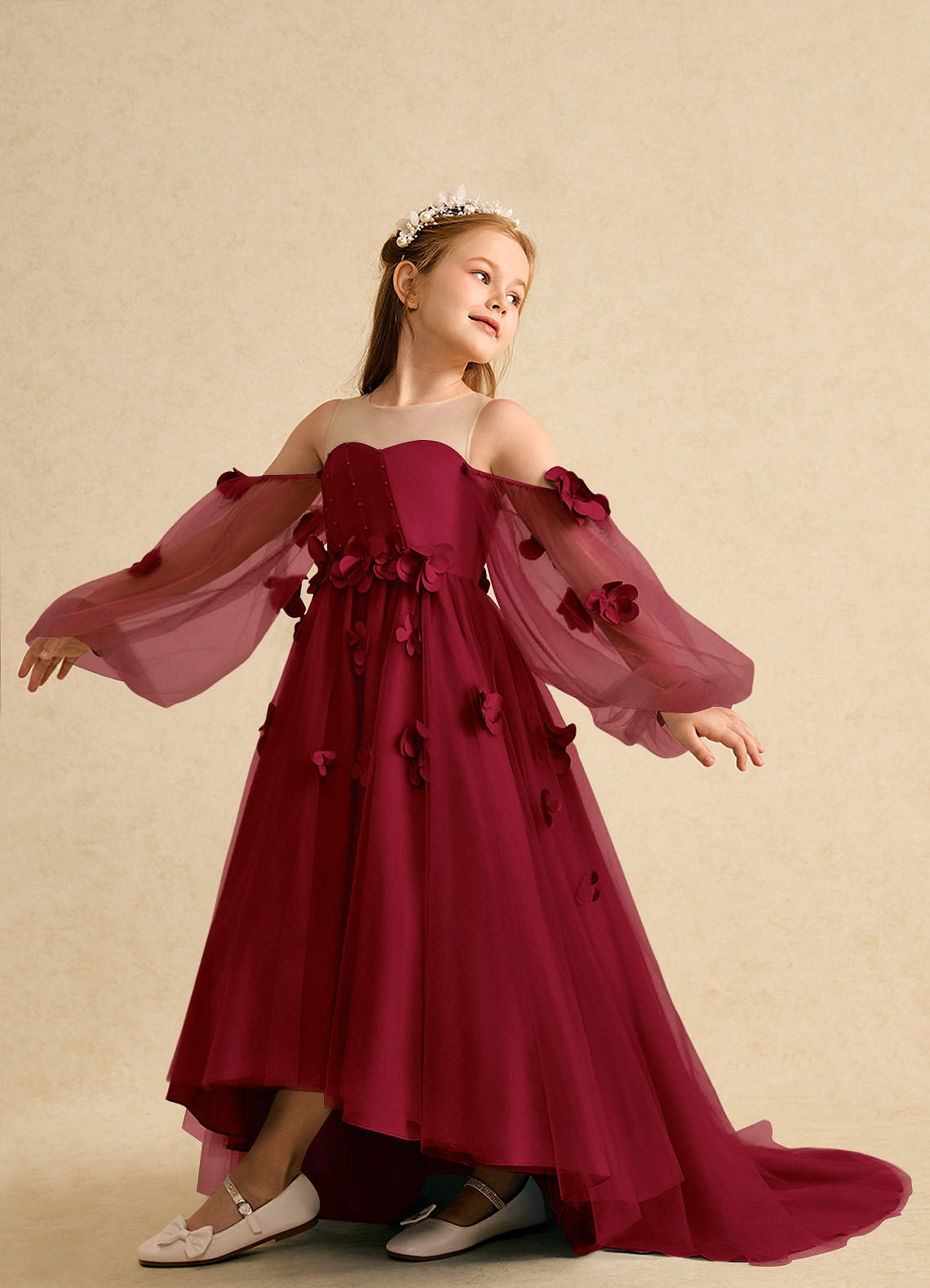 Azazie Karrie Flower Girl Dresses Burgundy A-Line with Sleeves Tulle Dress image4