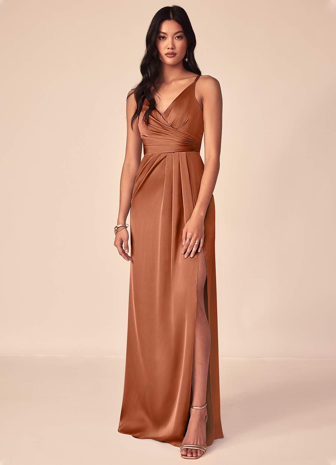 Azazie Aqua Bridesmaid Dresses Cedar Rose A-Line V-Neck Pleated Stretch Satin Dress image1