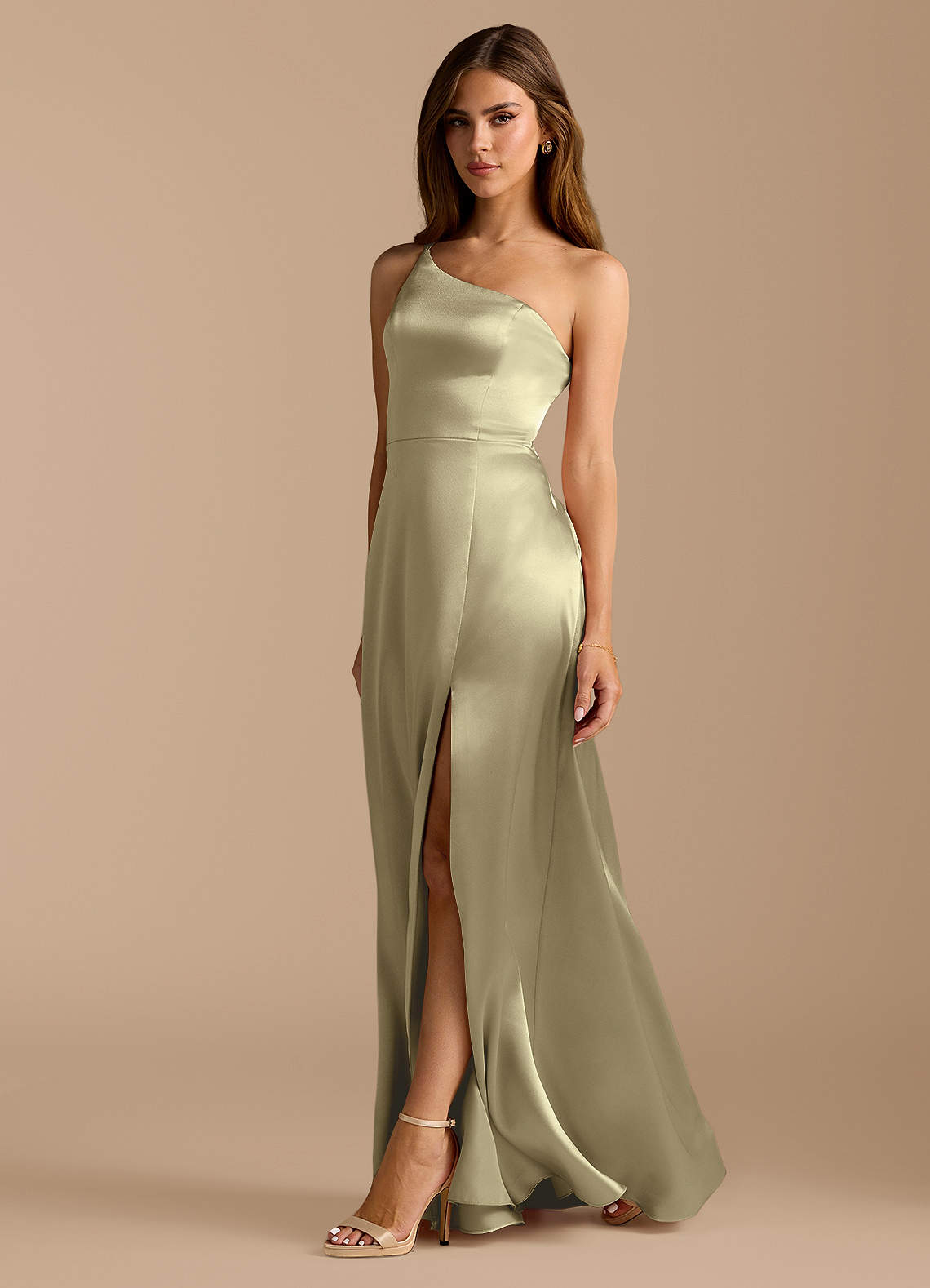 Azazie Trina At-home Try On Dresses Auburn A-Line One Shoulder Metallic Satin Dress image1