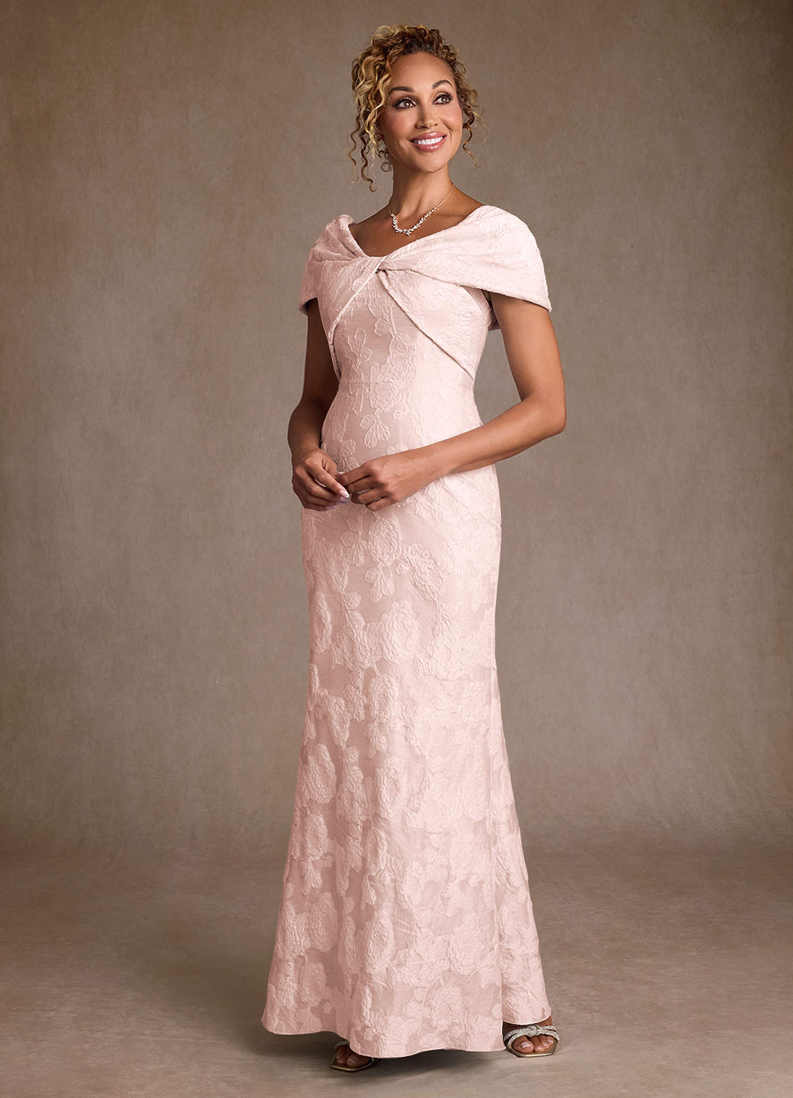 Azazie Amallia Final Sale Light Pink Jacquard Mermaid Off the Shoulder Floral Jacquard Dress image2