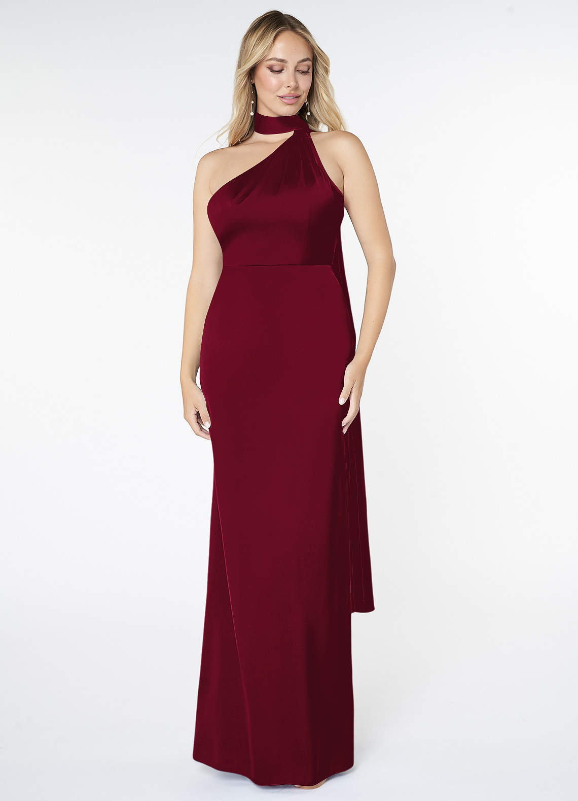 Azazie Kaylani Bridesmaid Dresses Burgundy Mermaid High Neck Stretch Satin Dress image1