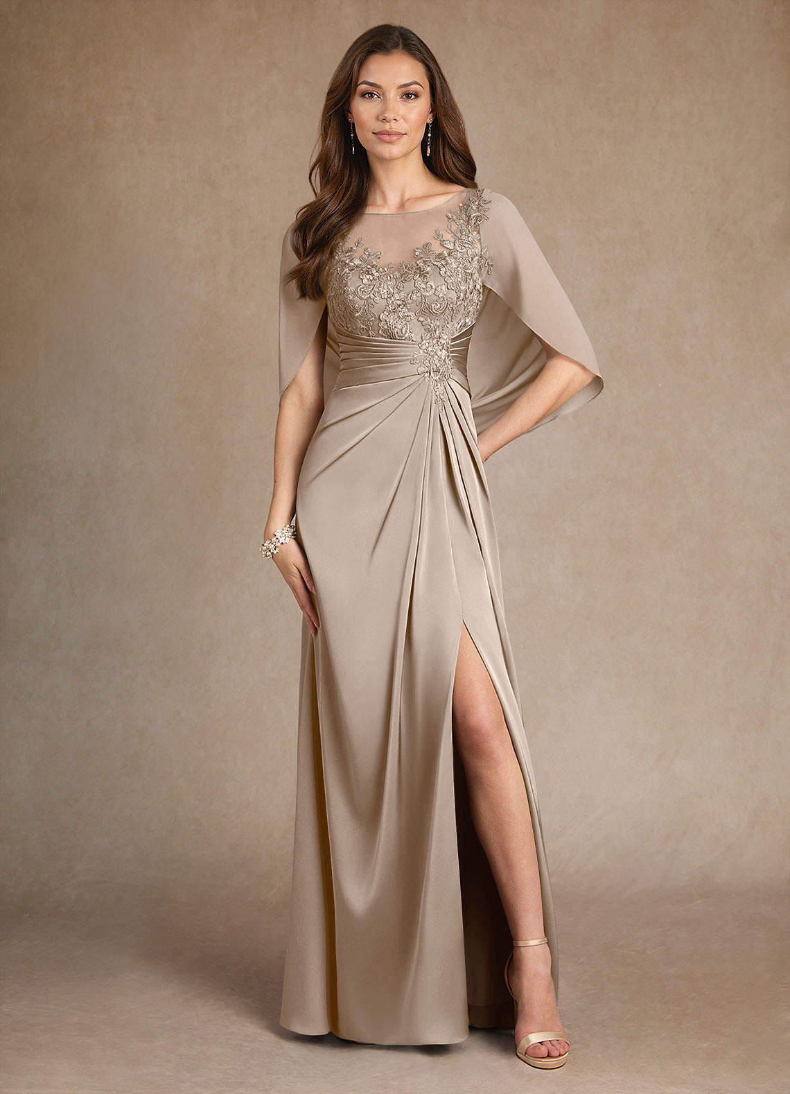 Azazie Hera Taupe A-Line Lace Stretch Satin Dress | Azazie DE