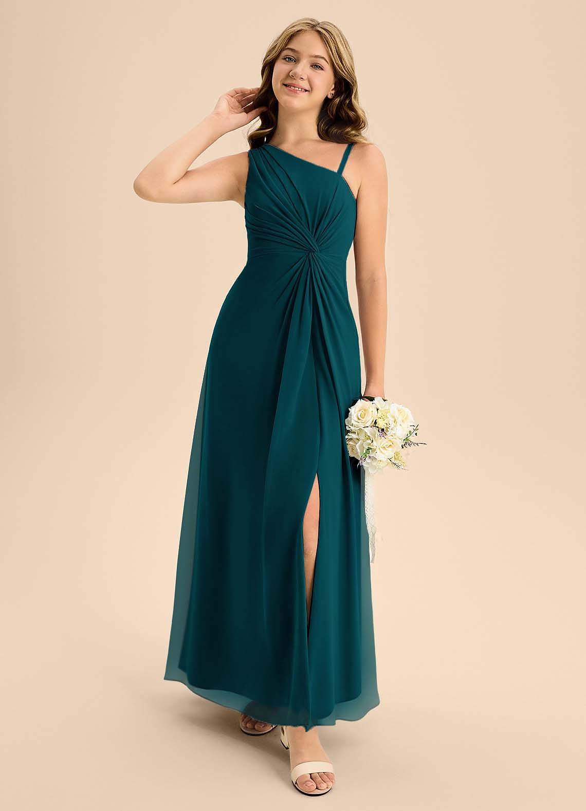 Azazie Brooke Junior Pine A-Line Side Slit Chiffon Dress image2