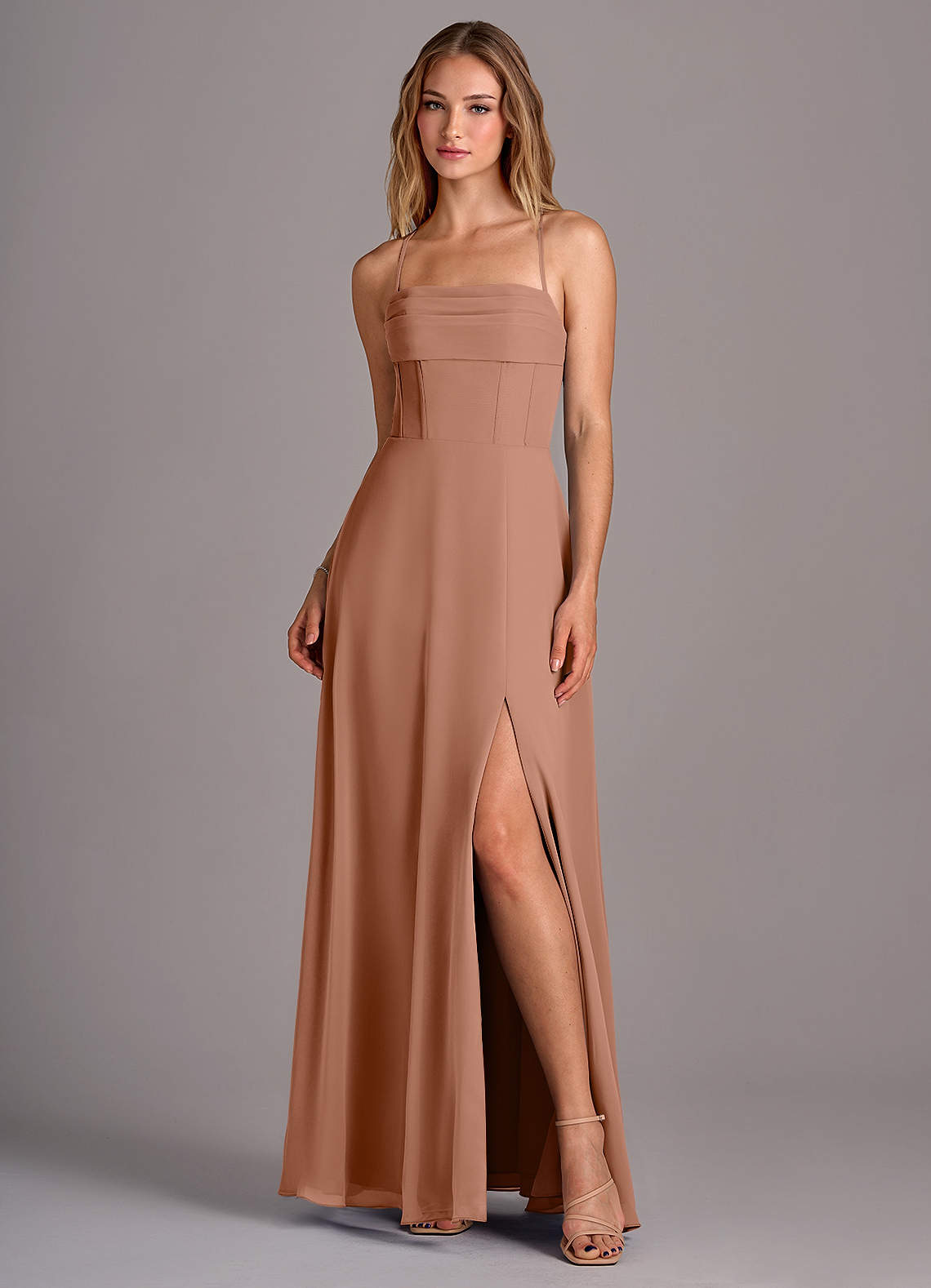 Azazie Carolyn Brautjungfernkleider A-Linie Plissee Chiffon Kleid Bronzer image1