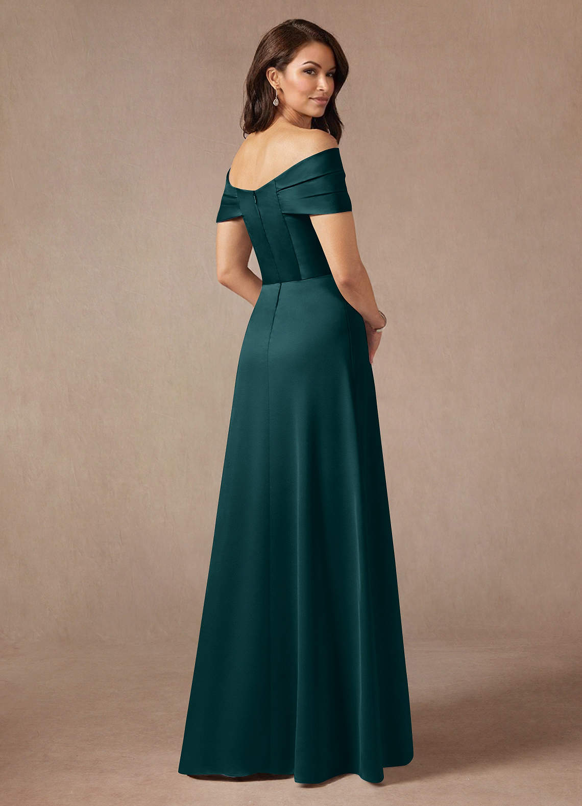 Azazie Amelia Mother of the Bride Dresses Pine A-Line Off the Shoulder Stretch Satin Dress image1