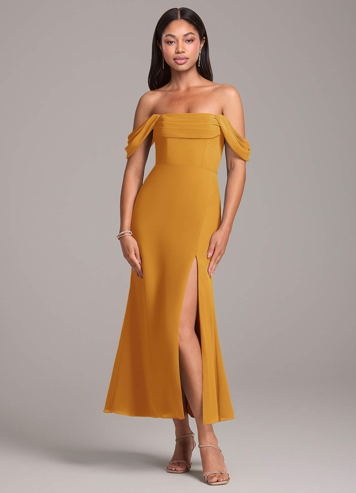 Azazie Saige Bridesmaid Dresses Butterscotch Sheath Off the Shoulder Chiffon Convertible Dress image1