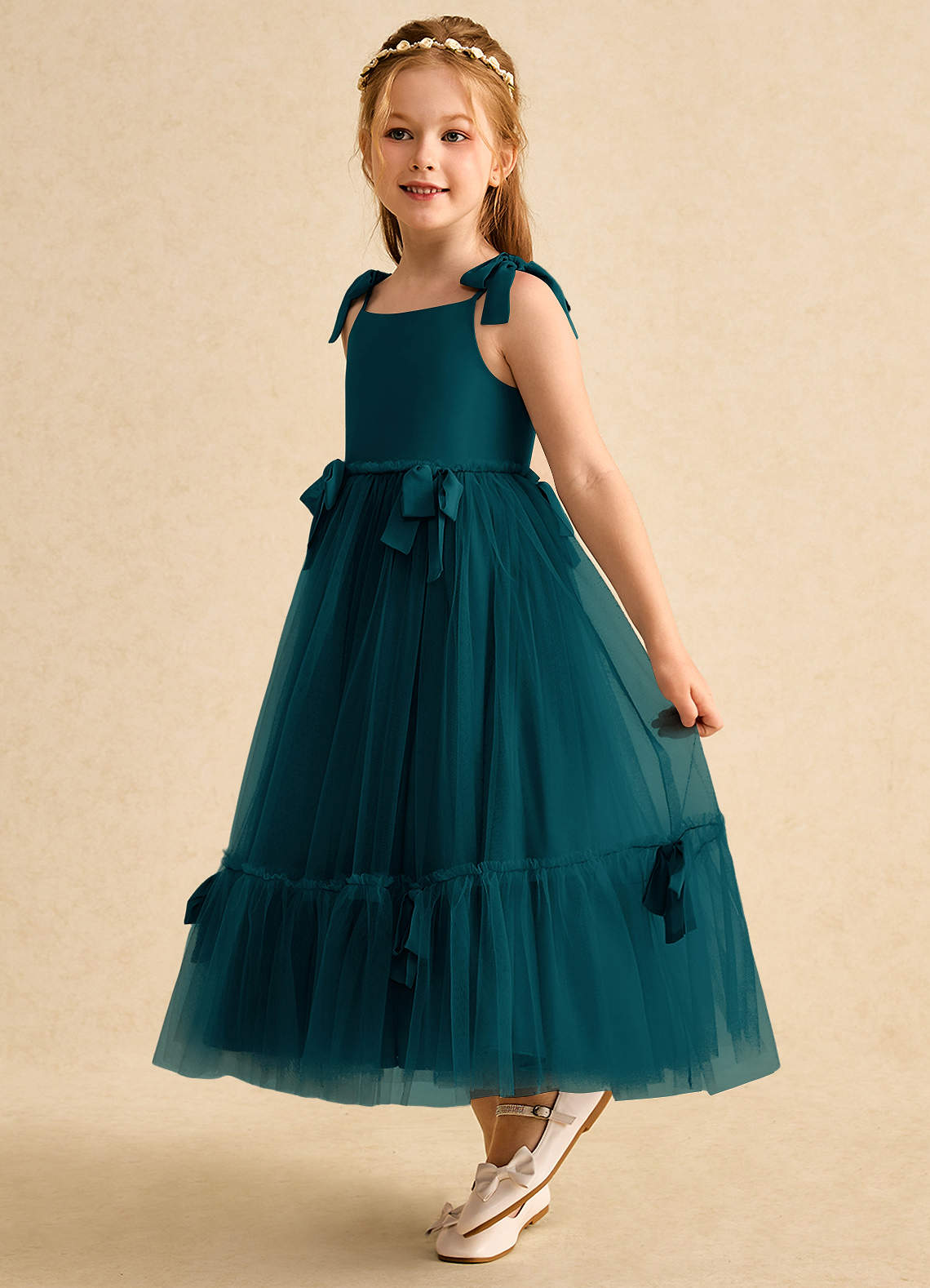 Azazie Jaci Flower Girl Dresses Pine A-Line Spaghetti Strap Chiffon Dress image1