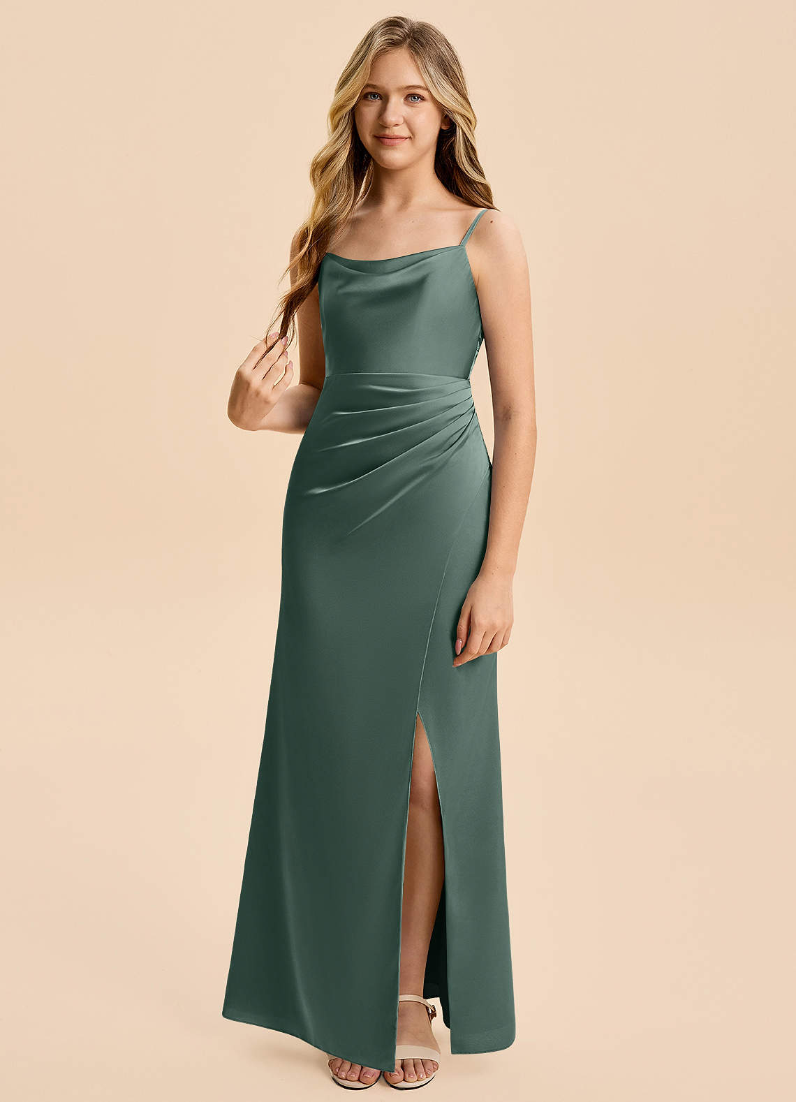 silk junior bridesmaid dresses Off-the-Shoulder Draped Wrap Satin Junior Bridesmaid Dress