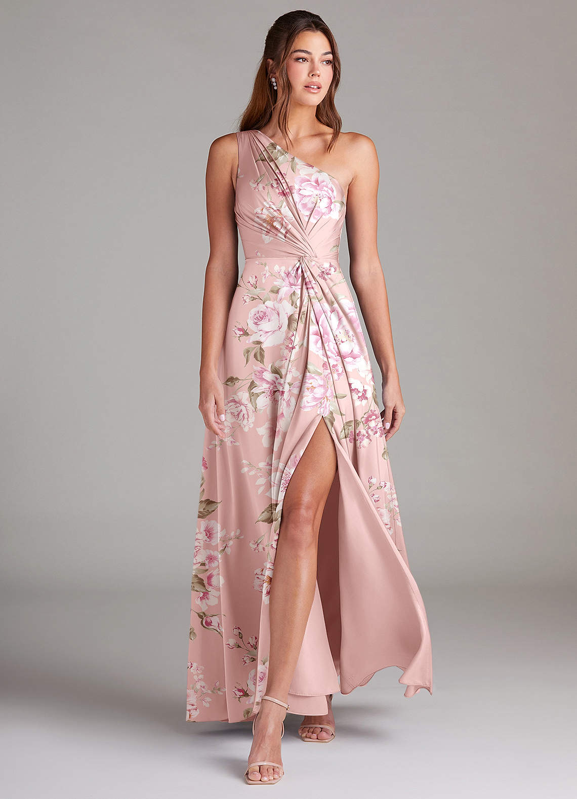 Azazie Brooke Jurken voor bruidsmeisjes Jurk van Stretch Satijn met A-Lijn One-Shoulder Roze Bloemenbloei image3