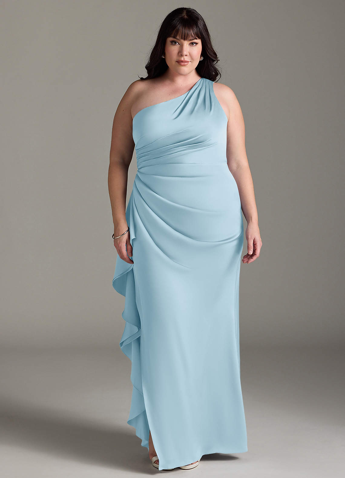 Azazie Latrice Vestidos de damas de honor Vestido de Azul Cielo de Satén Elástico de Corte Recto con Volantes en cascada Un hombro image1