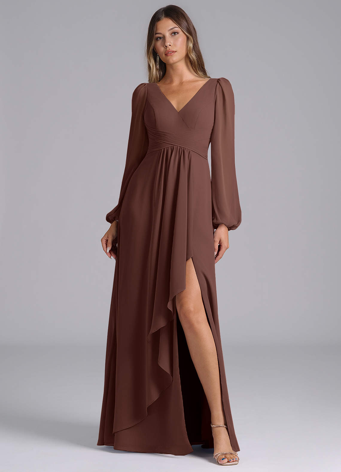 Azazie Liah Bridesmaid Dresses Espresso A-Line Long Sleeve Chiffon Dress image1