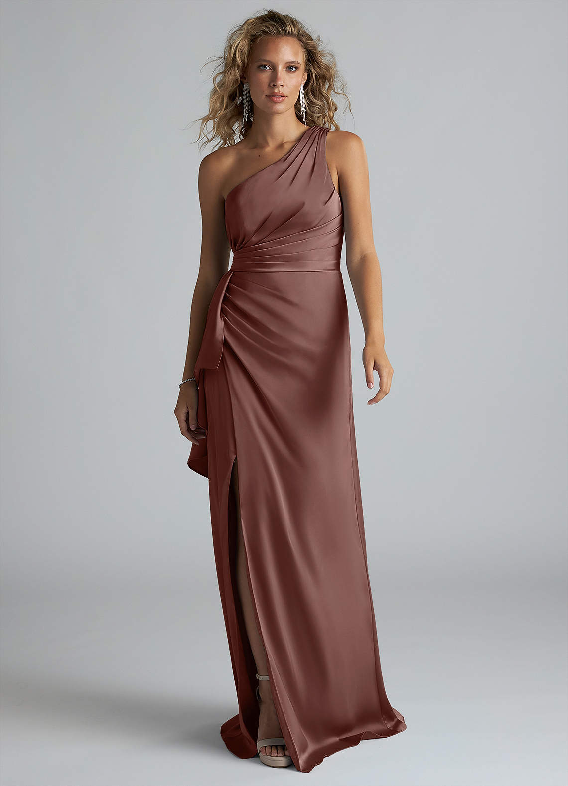 Azazie Maive Bridesmaid Dresses Espresso Sheath Ruched Stretch Satin Dress image1