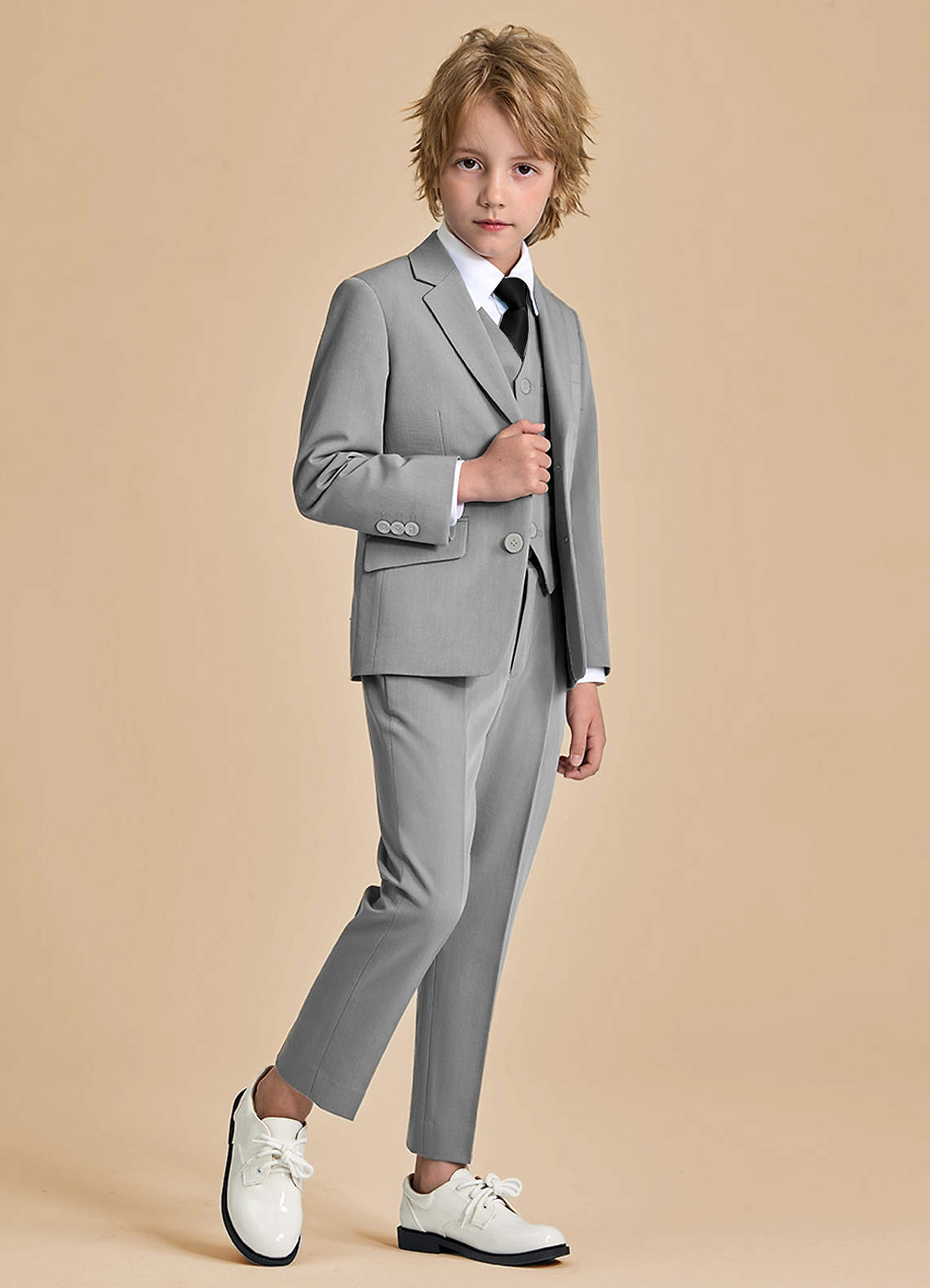 front Oliver Boys Grey 5-Piece Suit With Pre-tie