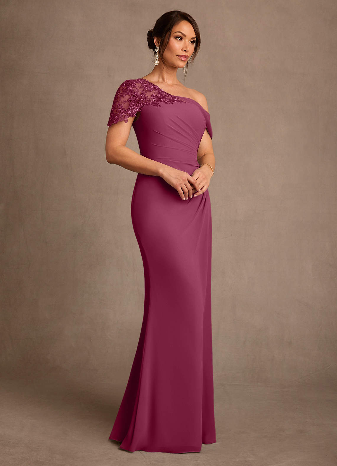 Azazie Sally Mulberry Sheath Lace Chiffon Dress | Azazie AU